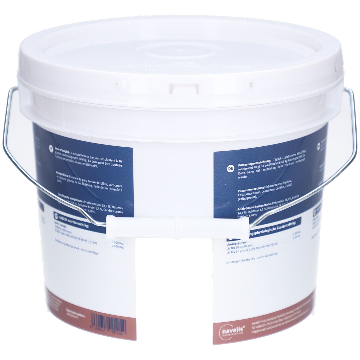 Weißer Eimer mit blauem und braunem Etikett. Der Eimer ist geöffnet. Marke: navalis nutraceuticals.