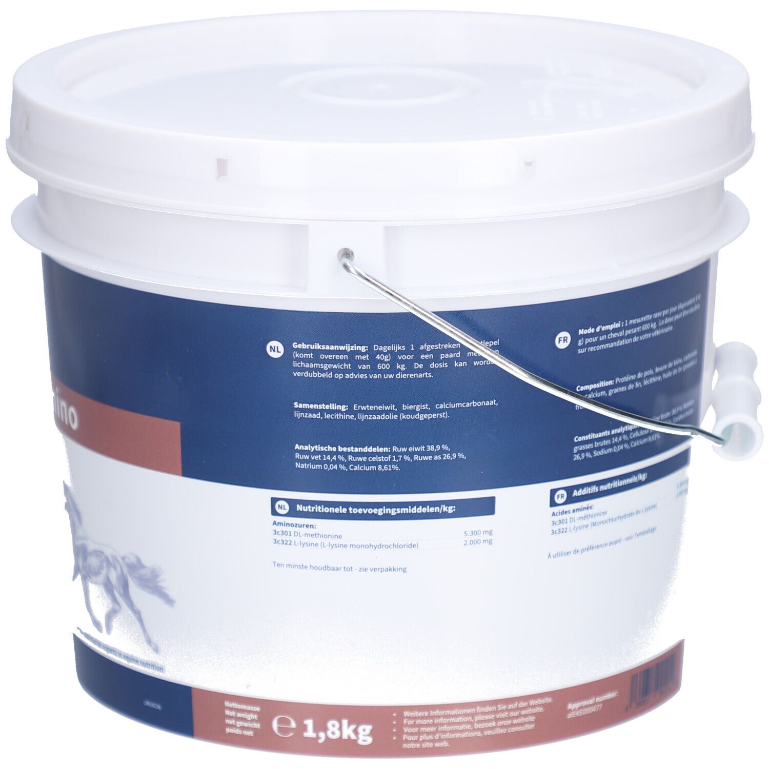 Weißer Eimer mit blauem und braunem Etikett. Aufschrift: musclecare amino. Enthält Informationen zu Inhaltsstoffen. Marke: navalis nutraceuticals.