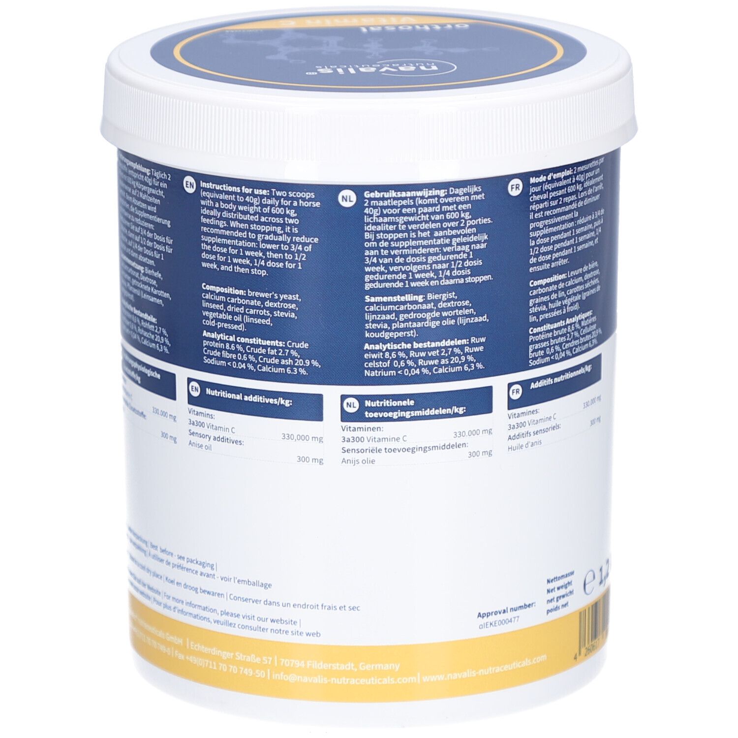 Weißer Eimer, Rückseite. Angaben zu Inhaltsstoffen und Nährwerten. Gebrauchsanweisung. Marke: navalis nutraceuticals.