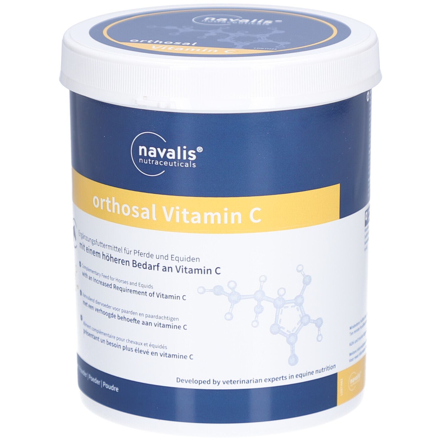 Weißer Eimer mit blauem Deckel. Aufschrift: orthosal Vitamin C. Ergänzungsfuttermittel für Pferde. Marke: navalis nutraceuticals.
