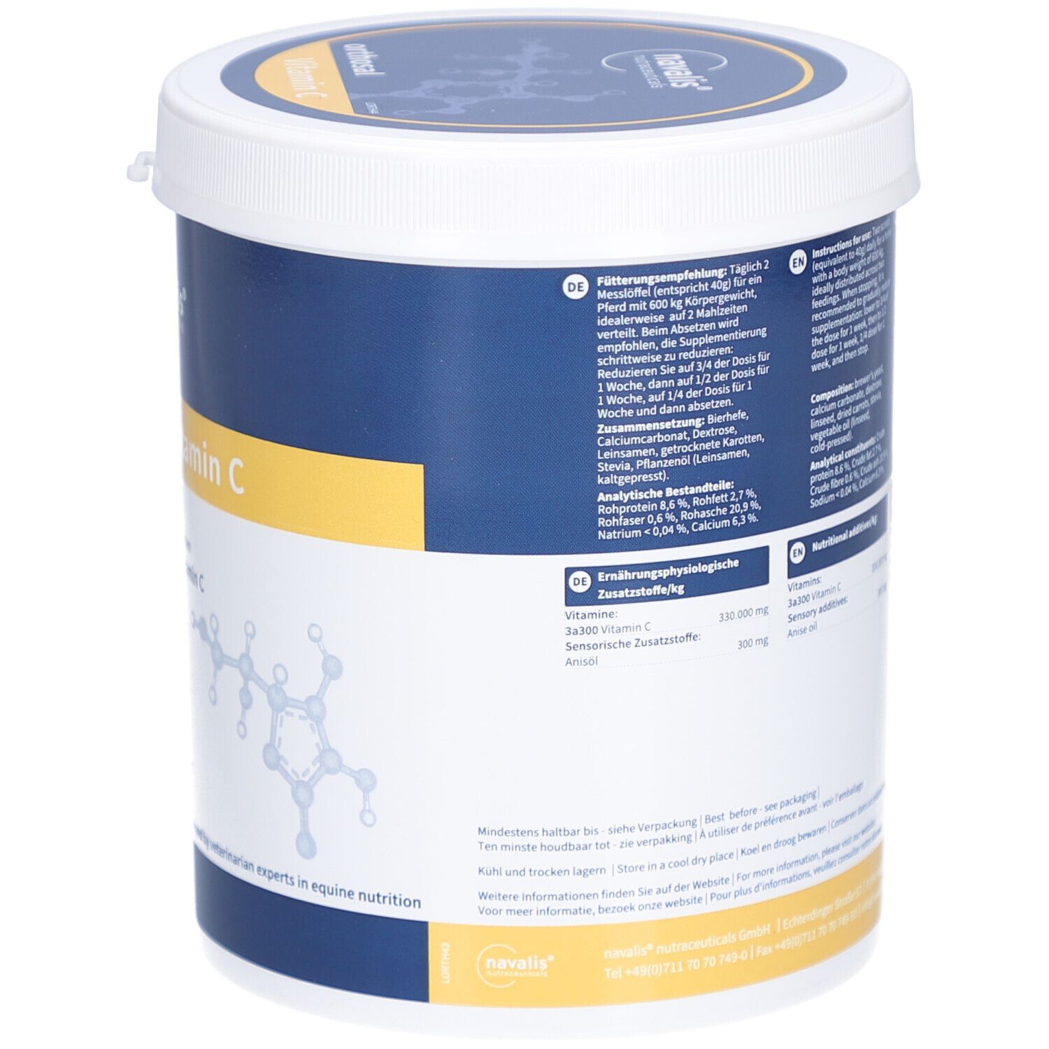 Weißer Eimer, Rückseite. Angaben zu Inhaltsstoffen und Nährwerten. Gebrauchsanweisung. Marke: navalis nutraceuticals.