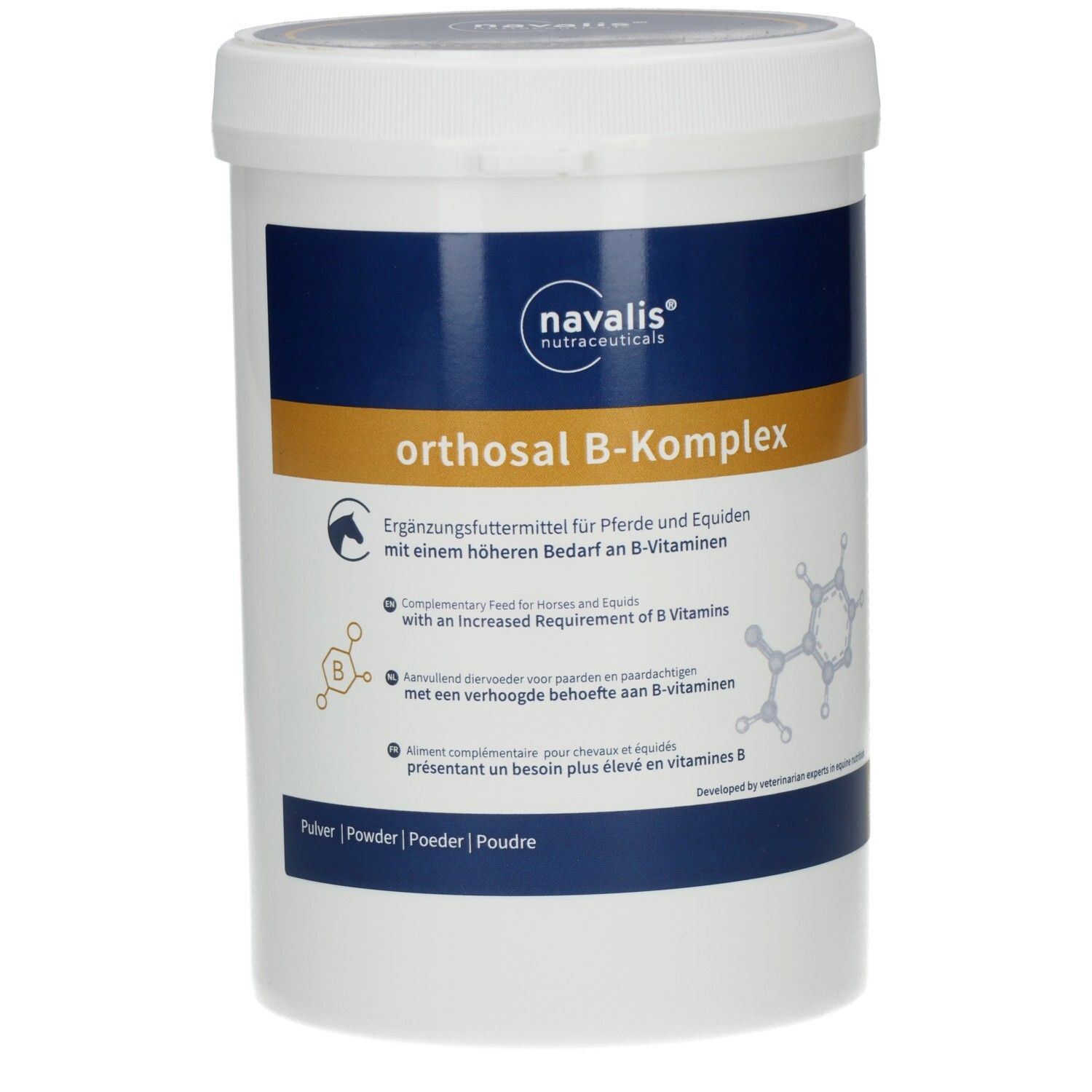 Weißer Behälter mit blauem und goldenem Etikett. Aufschrift: orthosal B-Komplex. Ergänzungsfuttermittel für Pferde.