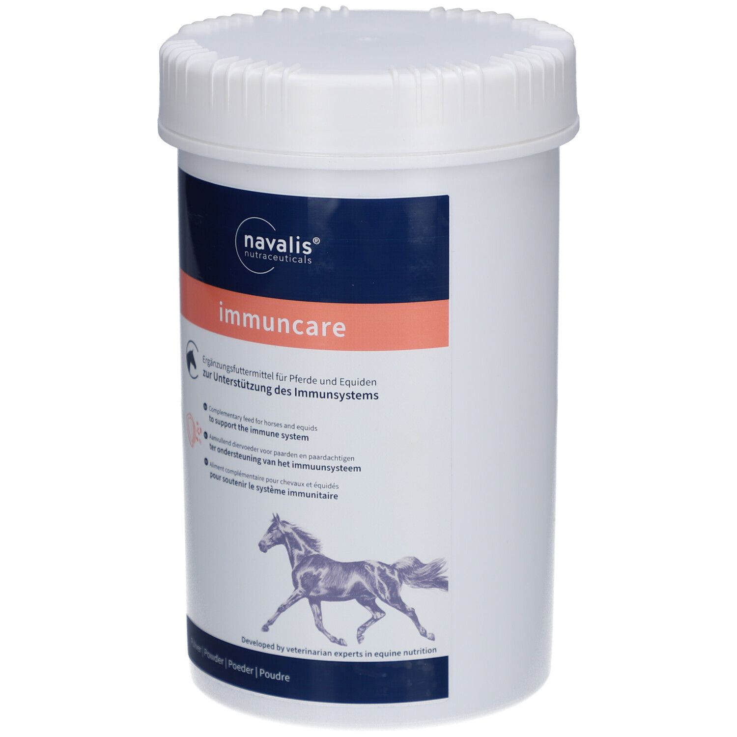 Weißer Behälter mit Deckel. Aufschrift: immuncare, navalis. Zusatzfutter für Pferde. Mit Pferdeabbildung.