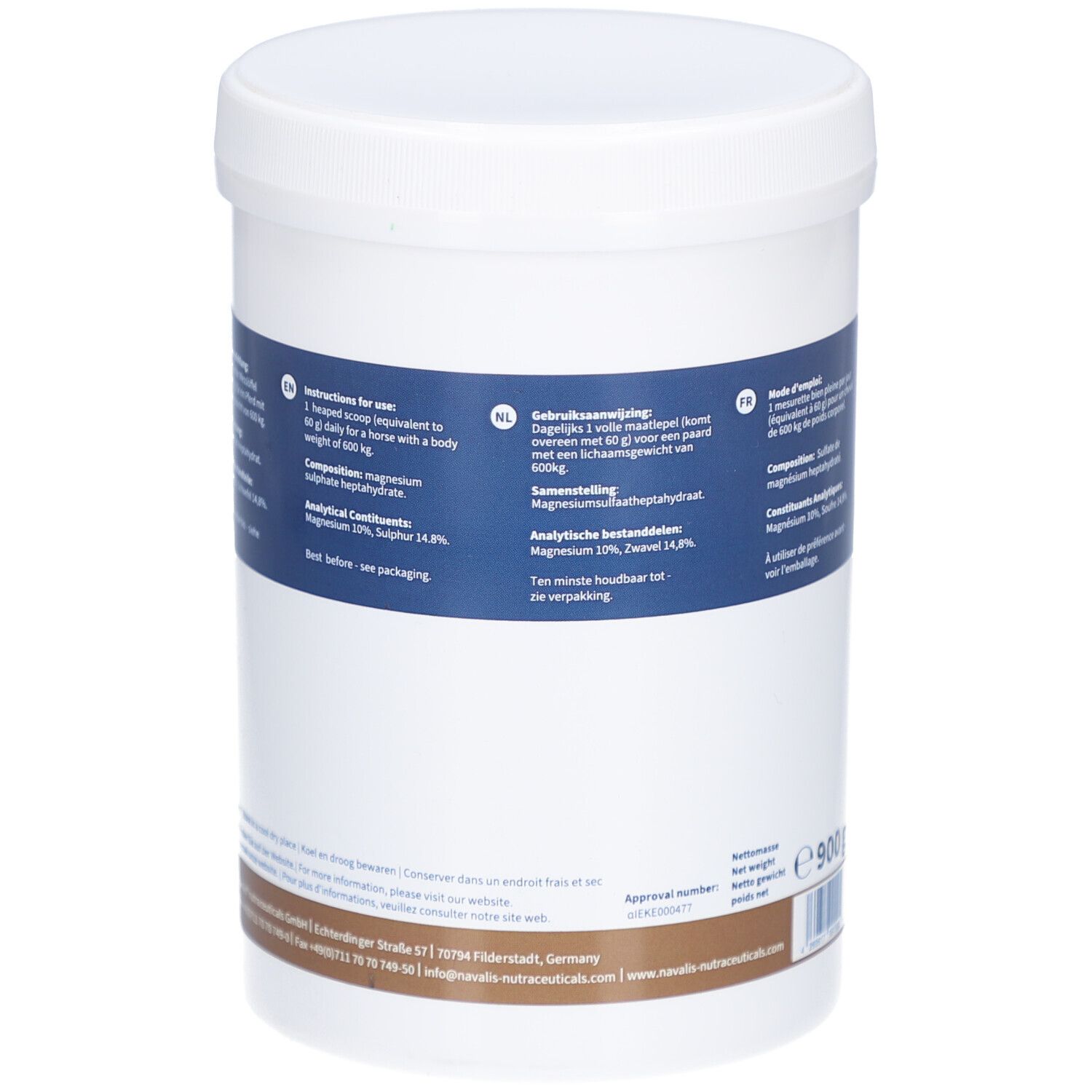 Weißer Behälter, Rückseite. Text: Gebrauchsanweisung, Inhaltsstoffe, 900 g. Braune und blaue Beschriftung.