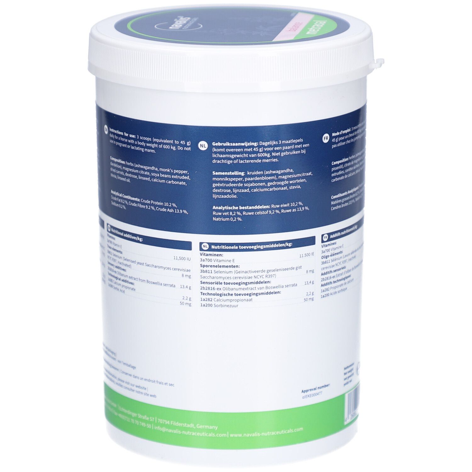 Rückseite des Eimers. Text mit Fütterungsempfehlung und Nährwertangaben. Gewicht: 1 kg.