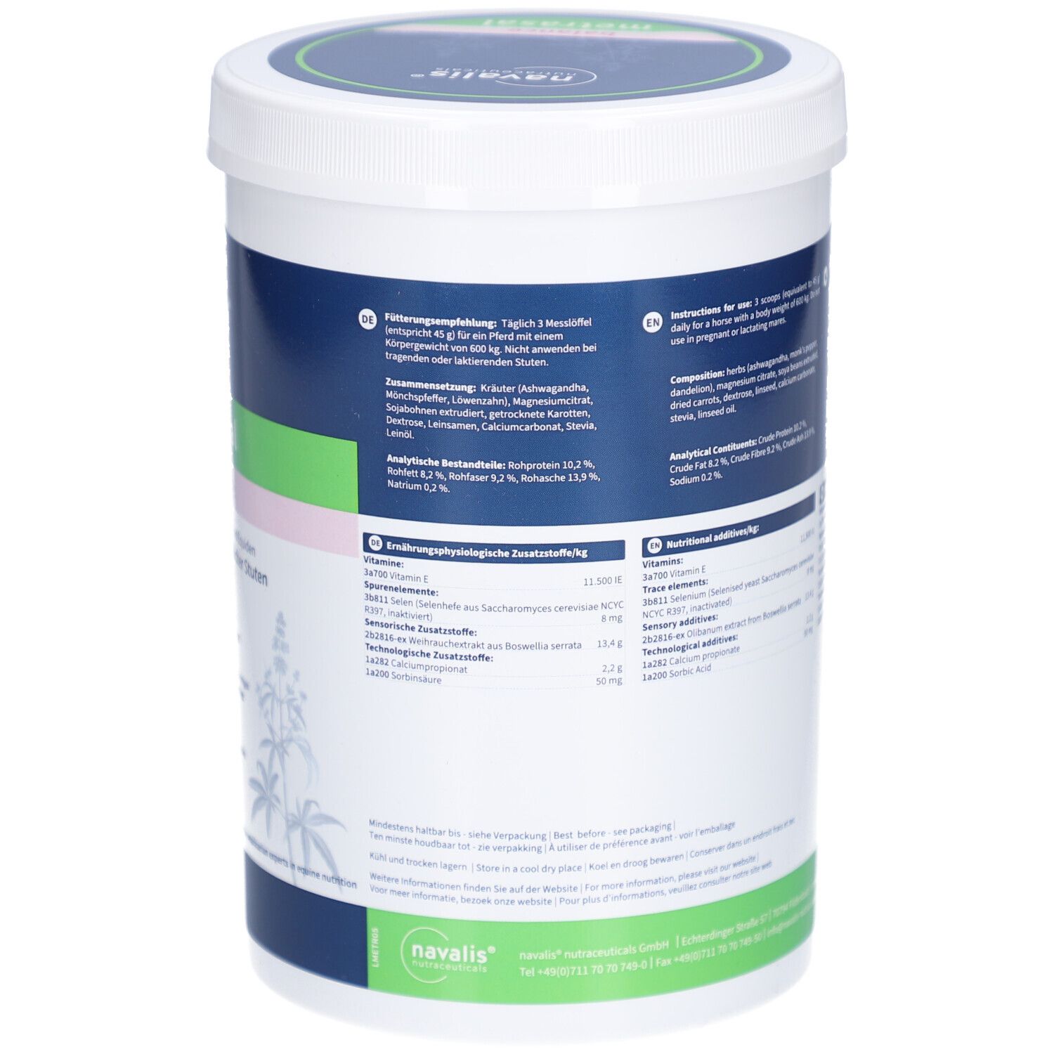 Rückseite des Eimers. Text mit Fütterungsempfehlung und Nährwertangaben.