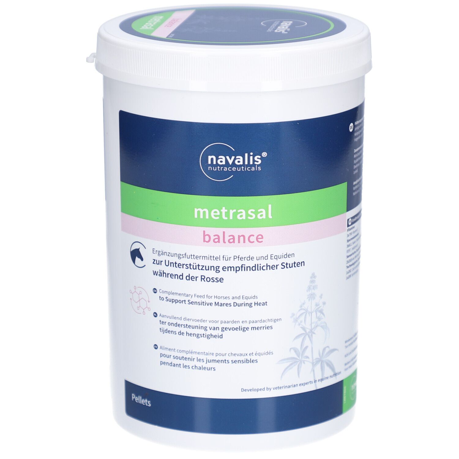 Weißer Eimer mit blau-grüner Beschriftung. Aufschrift: metrasal balance. Ergänzungsfuttermittel für Pferde.