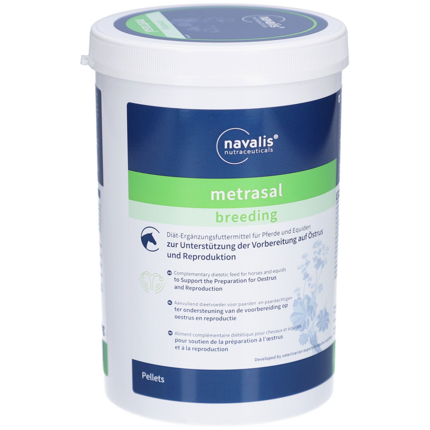 Weißer Eimer mit grün-blauer Beschriftung. Metrasal breeding Pellets. Navalis Logo. Text in Deutsch, Englisch, Niederländisch und Französisch.