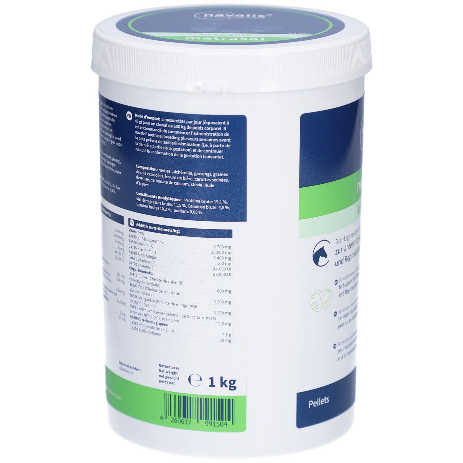 Weißer Eimer, Rückseite mit Text. Metrasal breeding Pellets. Inhaltsstoffe und Nährwertangaben. 1 kg. EAN-Code.