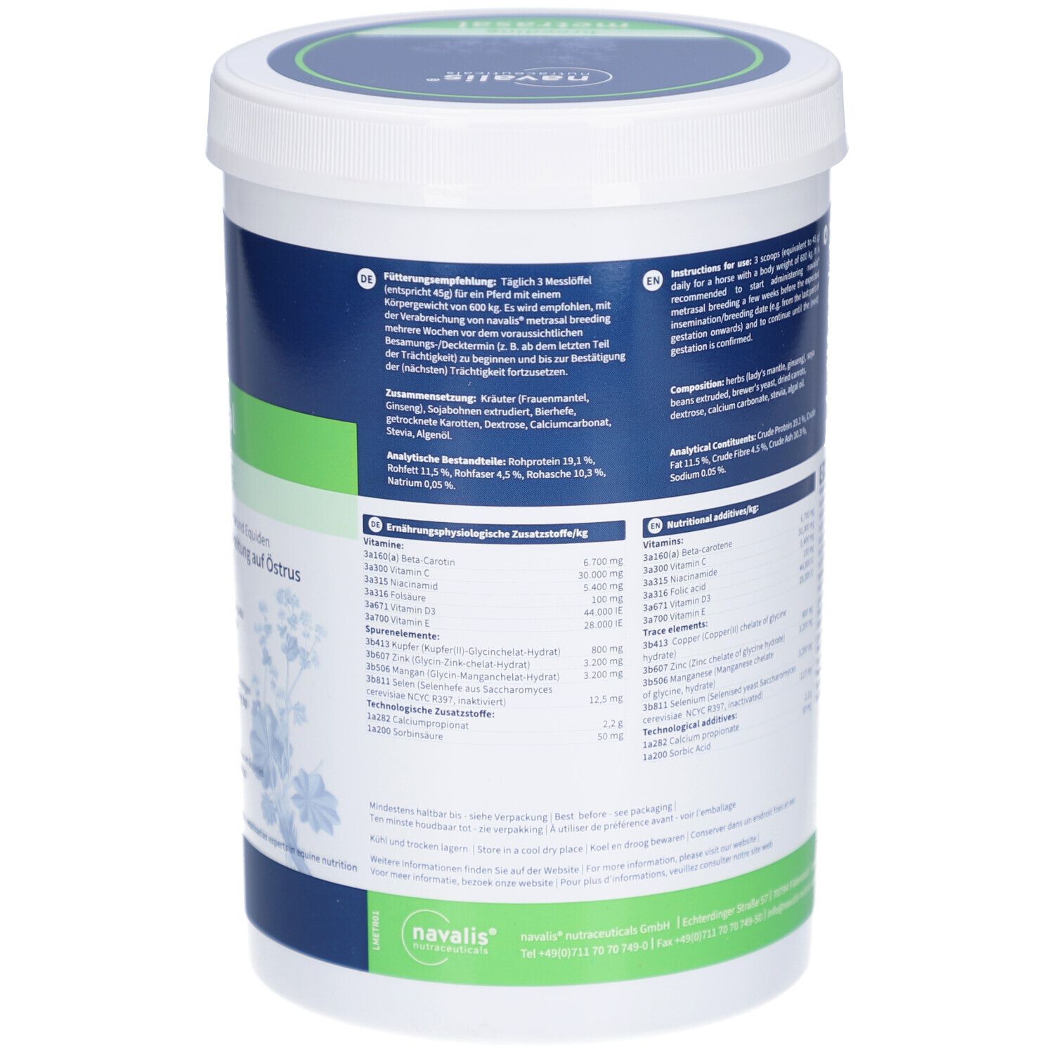 Weißer Eimer, Rückseite mit Text. Metrasal breeding Pellets. Fütterungsempfehlung und Nährwertangaben. Text in Deutsch, Englisch, Niederländisch.