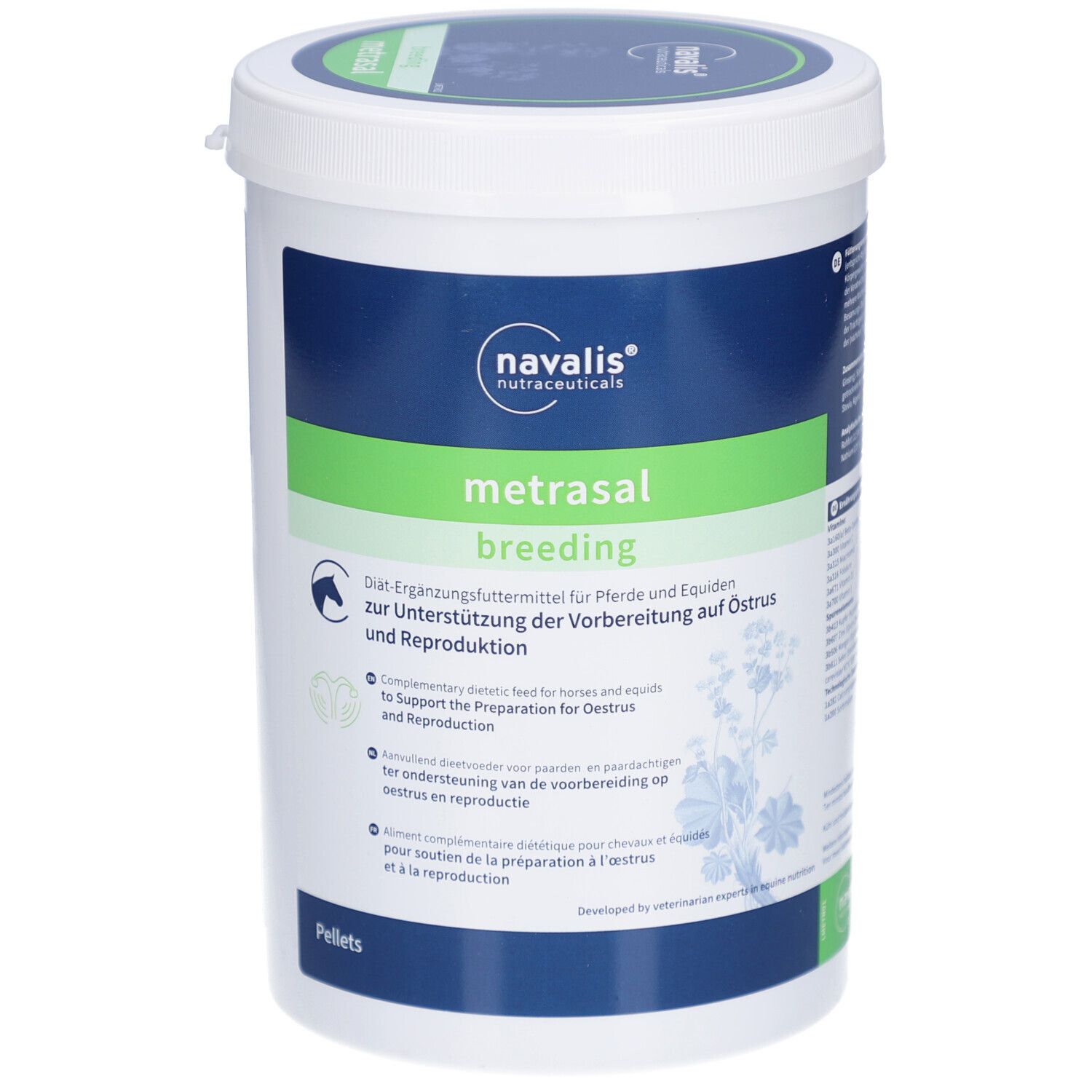 Weißer Eimer mit grün-blauer Beschriftung. Metrasal breeding Pellets. Navalis Logo. Text in Deutsch, Englisch, Niederländisch und Französisch.