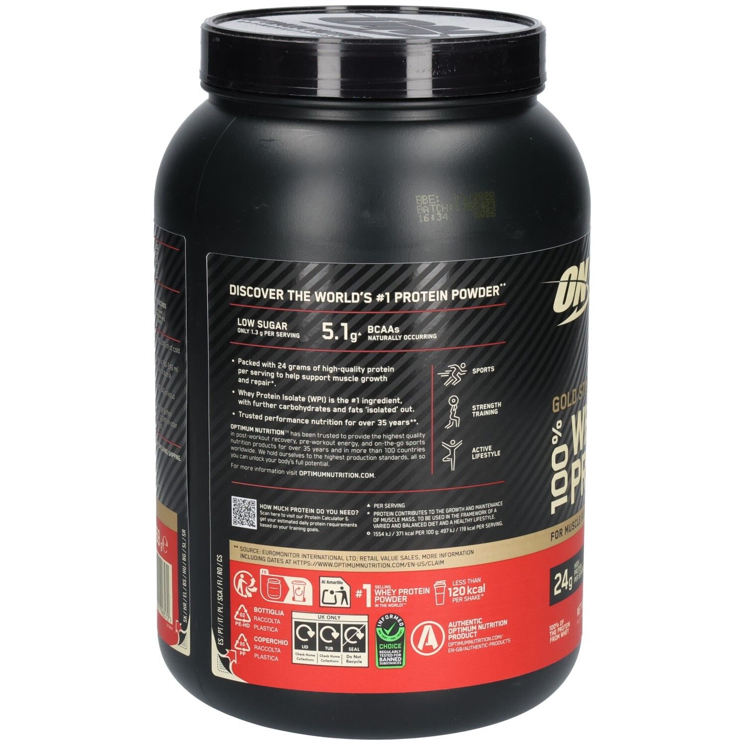 Rückseite der schwarzen Dose. Text mit Informationen zu "Low Sugar", "BCAAs" und "Whey Protein Isolate".