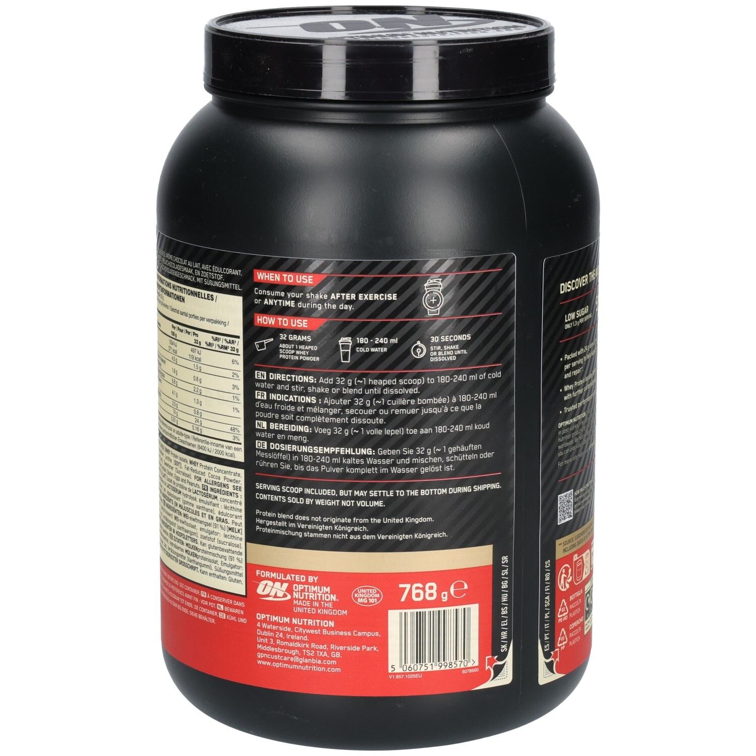 Rückseite der schwarzen Dose. Text mit Anweisungen zur Verwendung und Nährwertangaben.