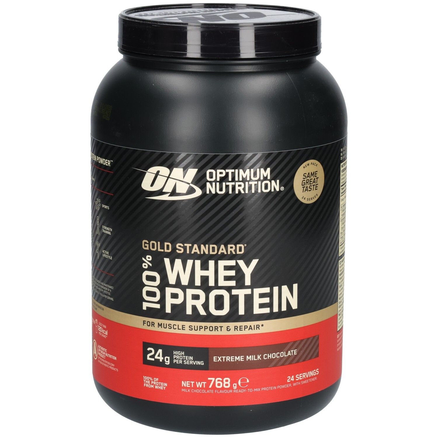 Schwarze Dose mit "Optimum Nutrition" und "Gold Standard 100% Whey Protein". Roter Streifen mit "Extreme Milk Chocolate".