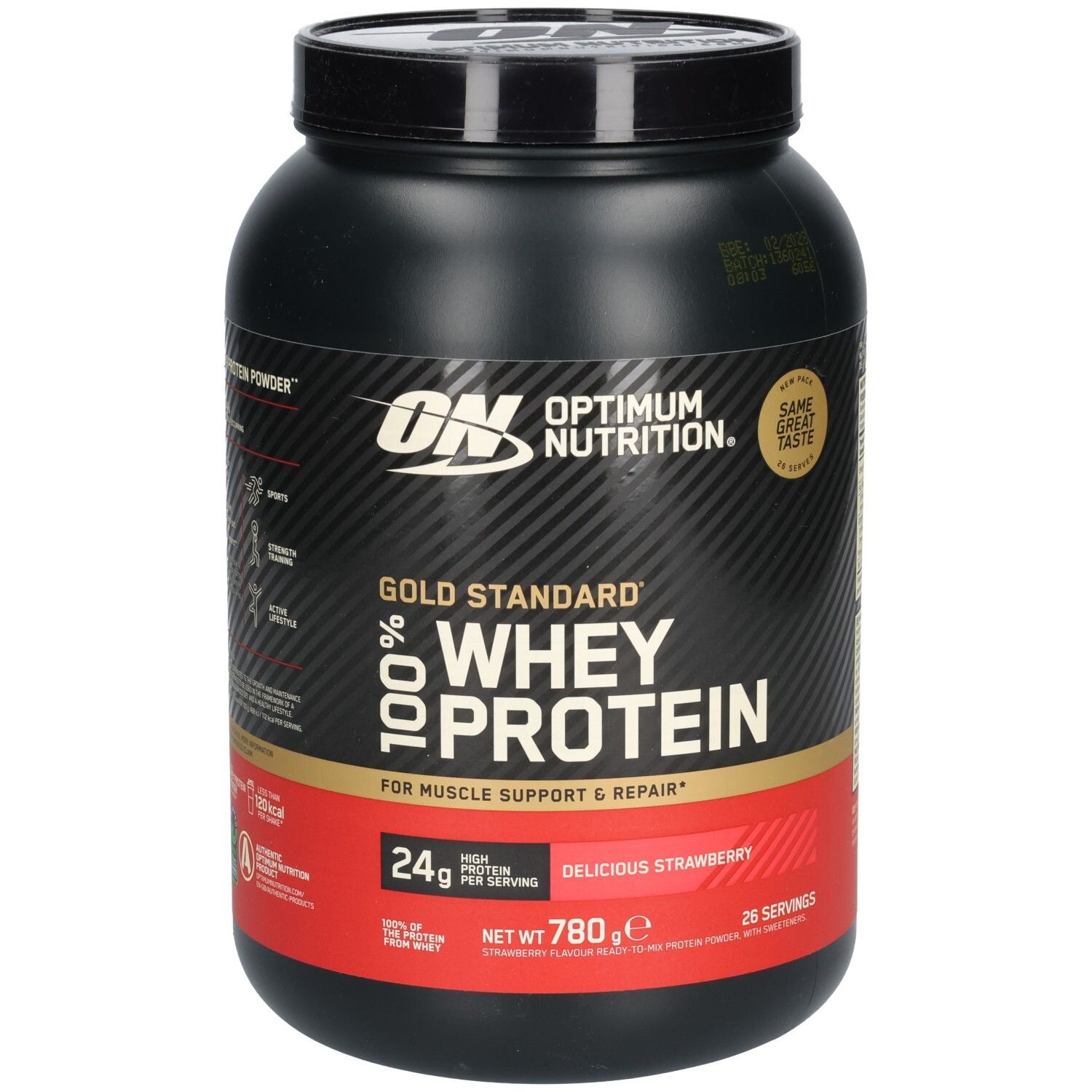 Schwarze Dose mit ON-Logo und Aufschrift "Gold Standard 100% Whey Protein". Erdbeergeschmack. 780g.