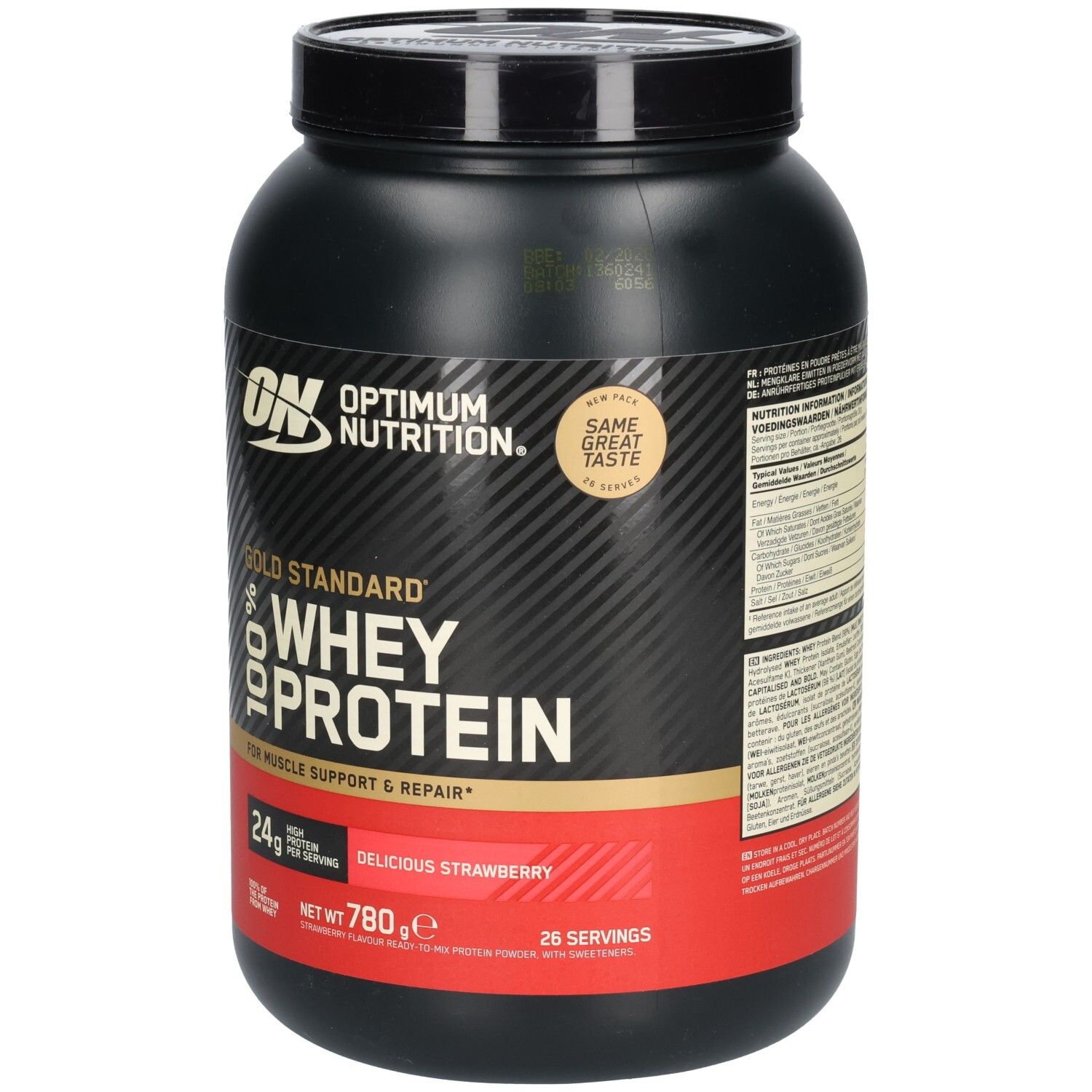Schwarze Dose mit ON-Logo und Aufschrift "Gold Standard 100% Whey Protein". Erdbeergeschmack. 780g.