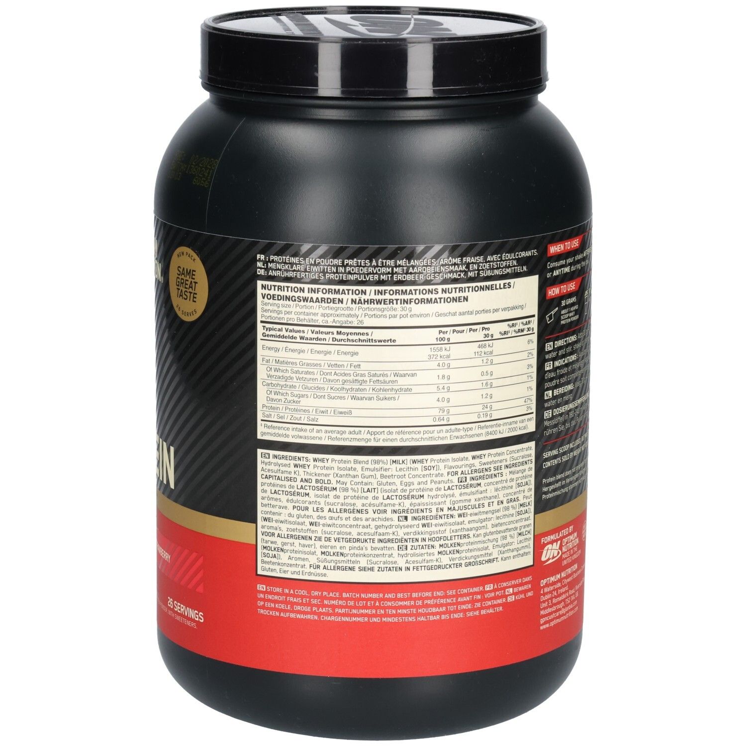 Rückseite der schwarzen Dose. Nährwertangaben und Zutatenliste. 780g.