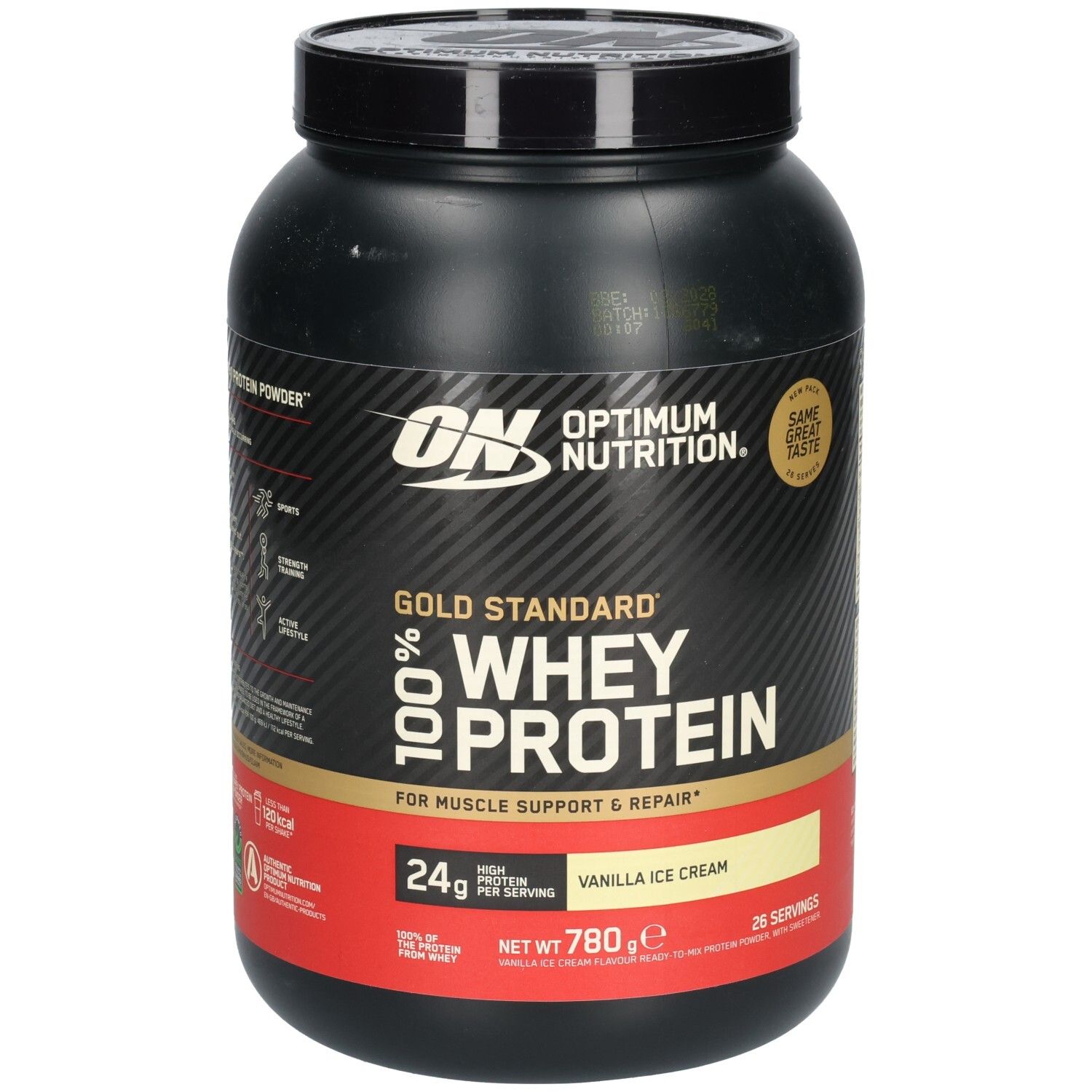 Schwarze Dose mit "Optimum Nutrition" und "Gold Standard 100% Whey Protein" Aufdruck. Geschmack: Vanilla Ice Cream. 780g.