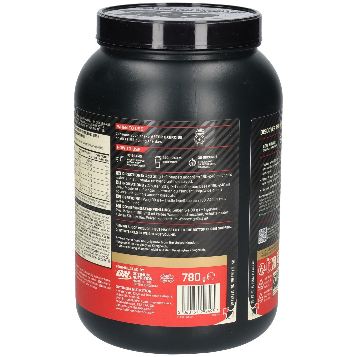 Rückseite der schwarzen Dose mit Anweisungen zur Verwendung von "Optimum Nutrition Gold Standard Whey Protein". Enthält Dosierungsanweisungen.