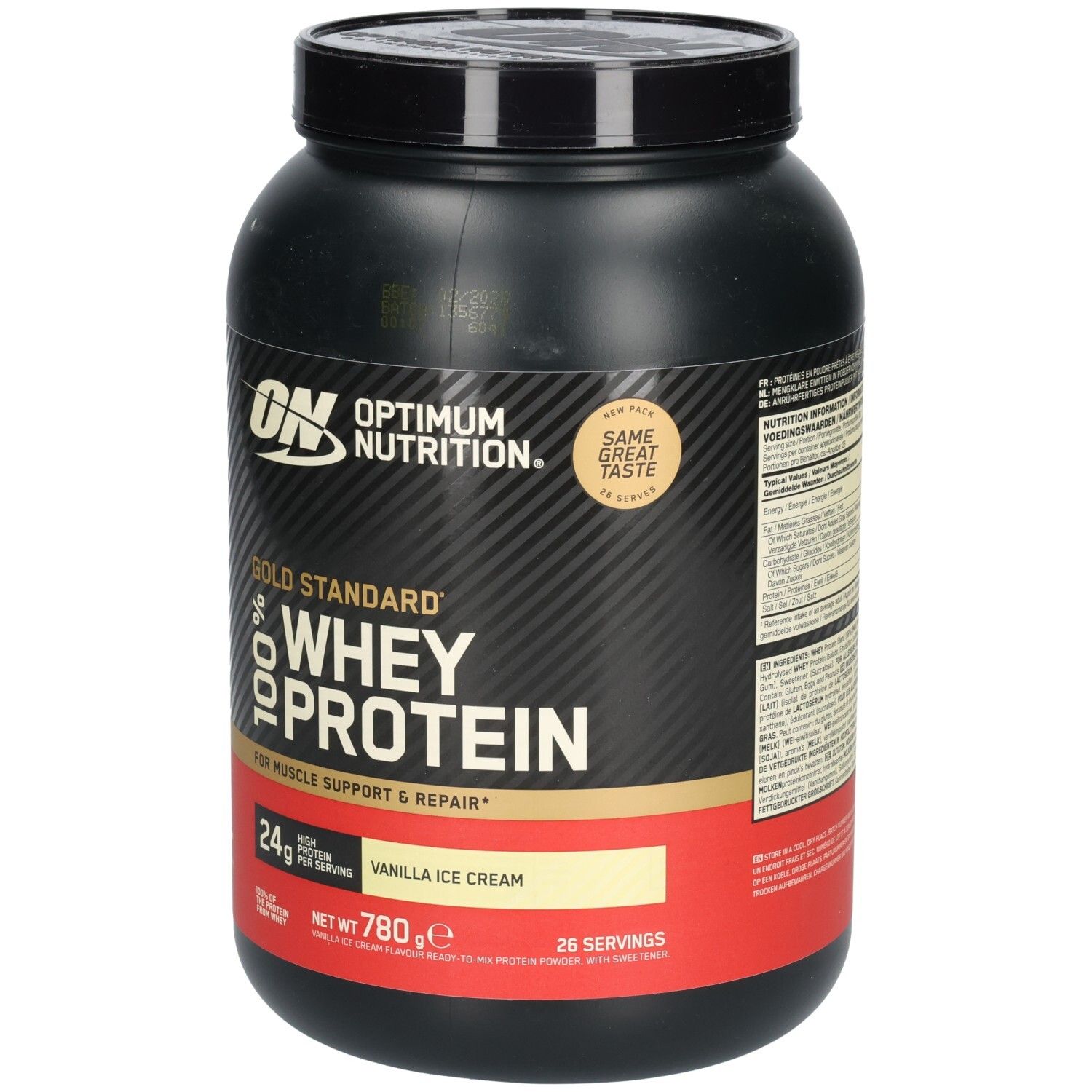 Schwarze Dose mit "Optimum Nutrition" und "Gold Standard 100% Whey Protein" Aufdruck. Geschmack: Vanilla Ice Cream. 780g.