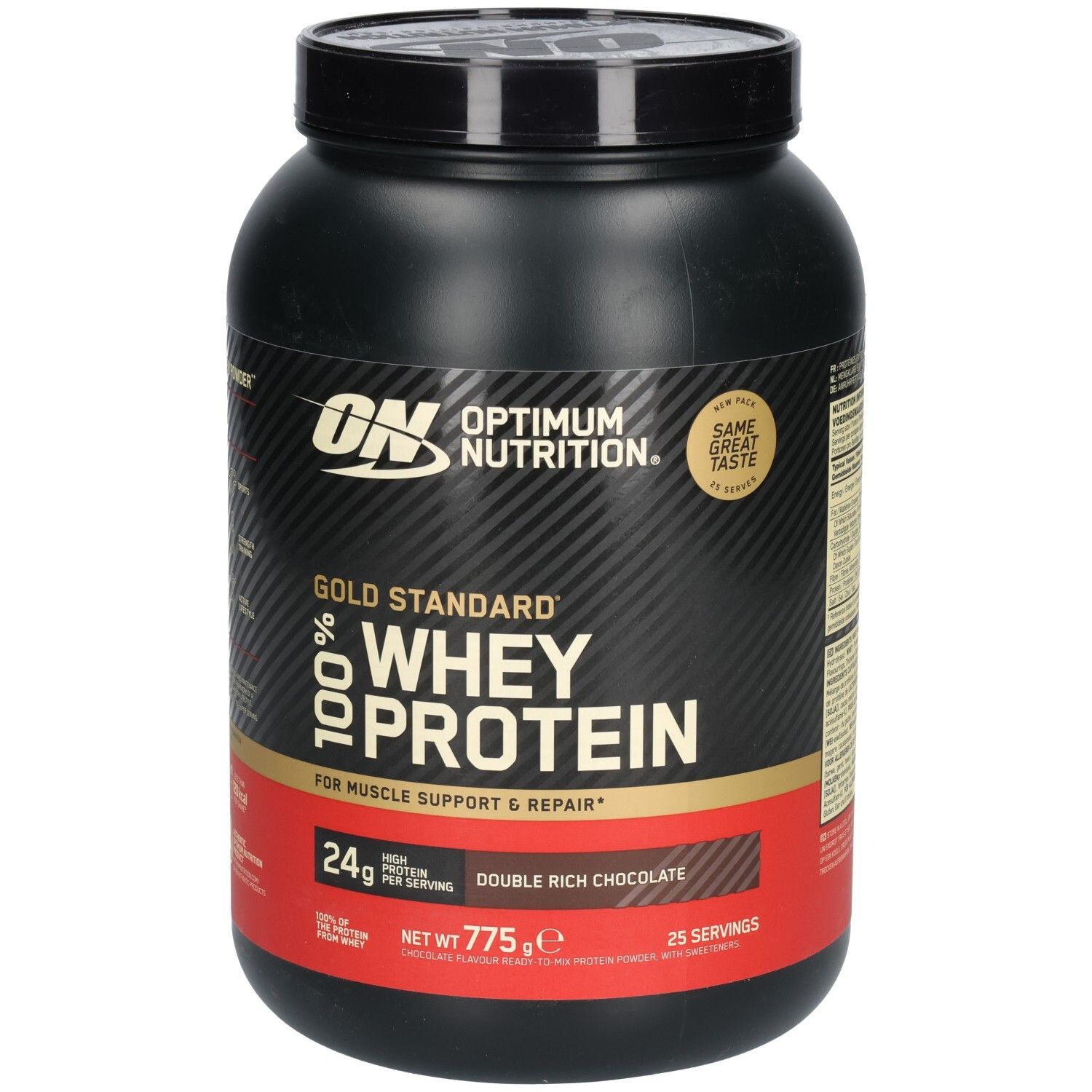 Schwarze Dose Gold Standard 100% Whey Protein. Aufschrift: Double Rich Chocolate, 24g Protein, 775g, 25 Portionen.