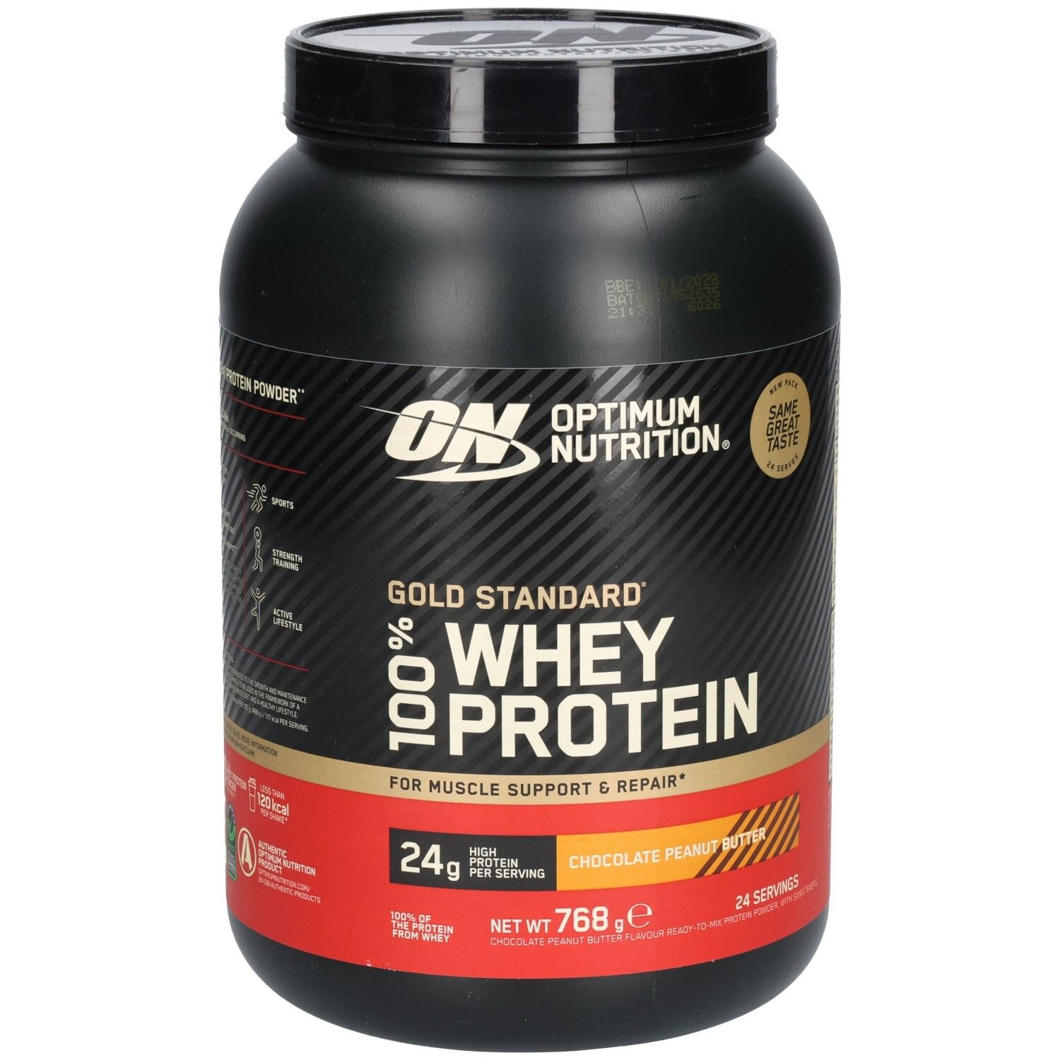 Schwarze Dose OPTIMUM NUTRITION® Gold Standard 100% Whey Protein. Aufschrift: CHOCOLATE PEANUT BUTTER. 768g, 24 Portionen.