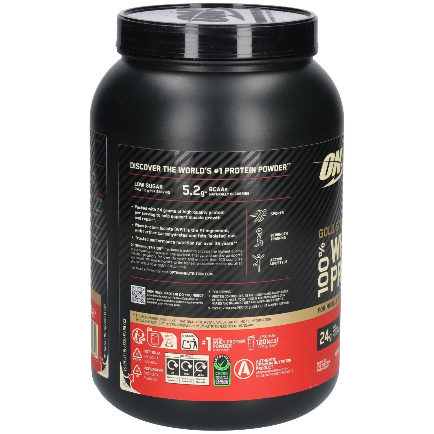 Rückseite der schwarzen Dose OPTIMUM NUTRITION® Gold Standard 100% Whey Protein. Enthält Informationen zu Inhaltsstoffen und Nährwerten.
