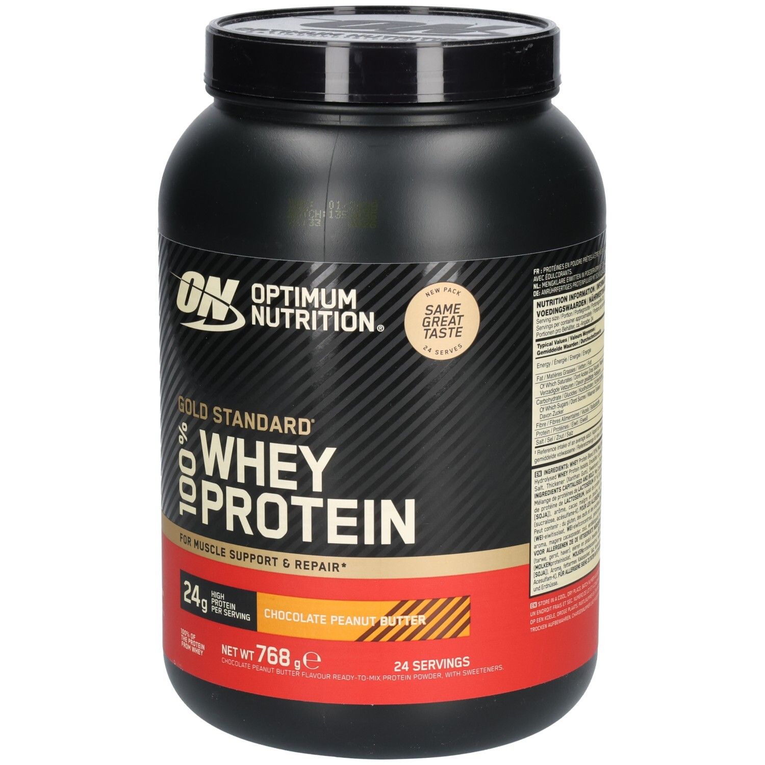 Schwarze Dose OPTIMUM NUTRITION® Gold Standard 100% Whey Protein. Aufschrift: CHOCOLATE PEANUT BUTTER. 768g, 24 Portionen.