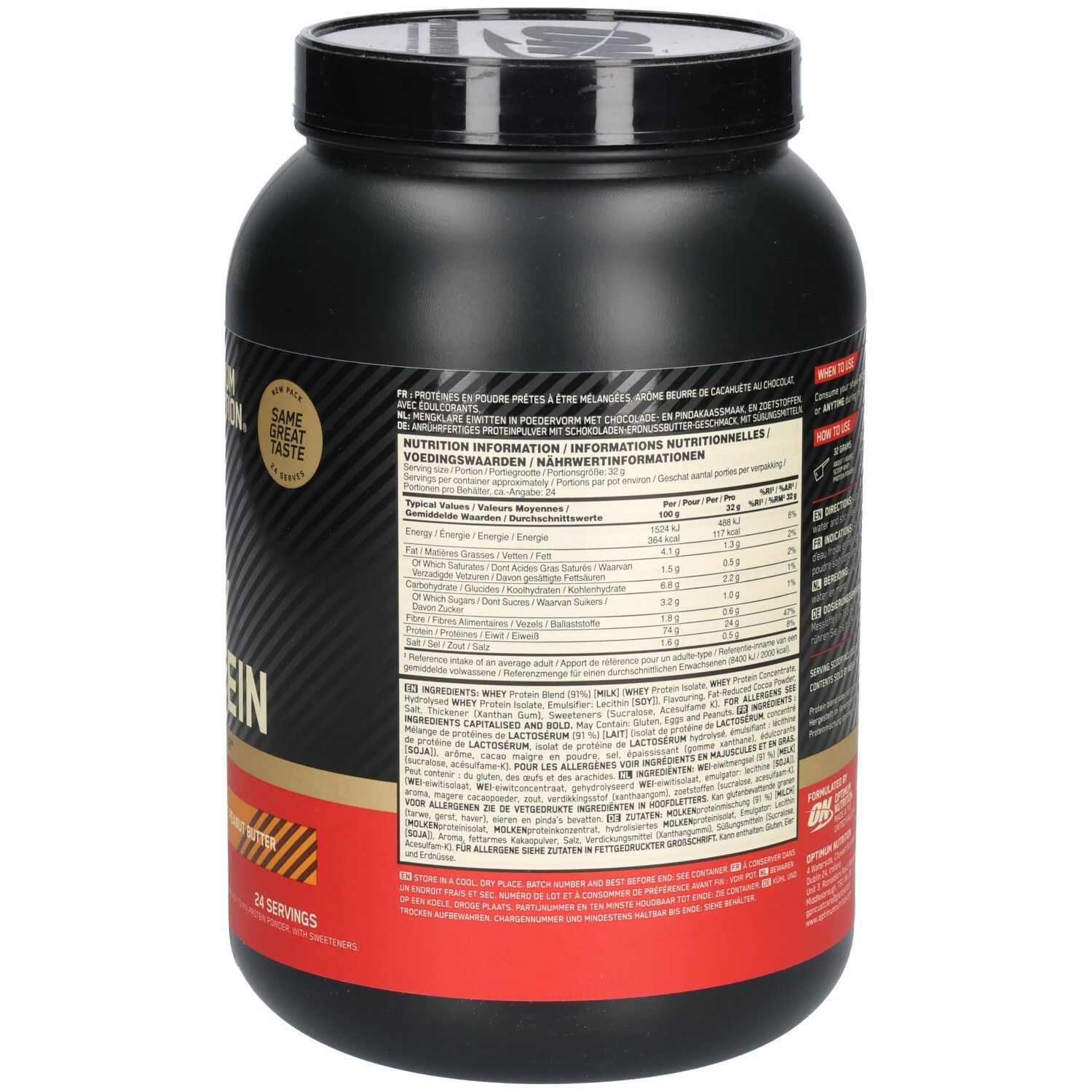 Rückseite der schwarzen Dose OPTIMUM NUTRITION® Gold Standard 100% Whey Protein. Enthält Nährwertinformationen und Zutatenliste.