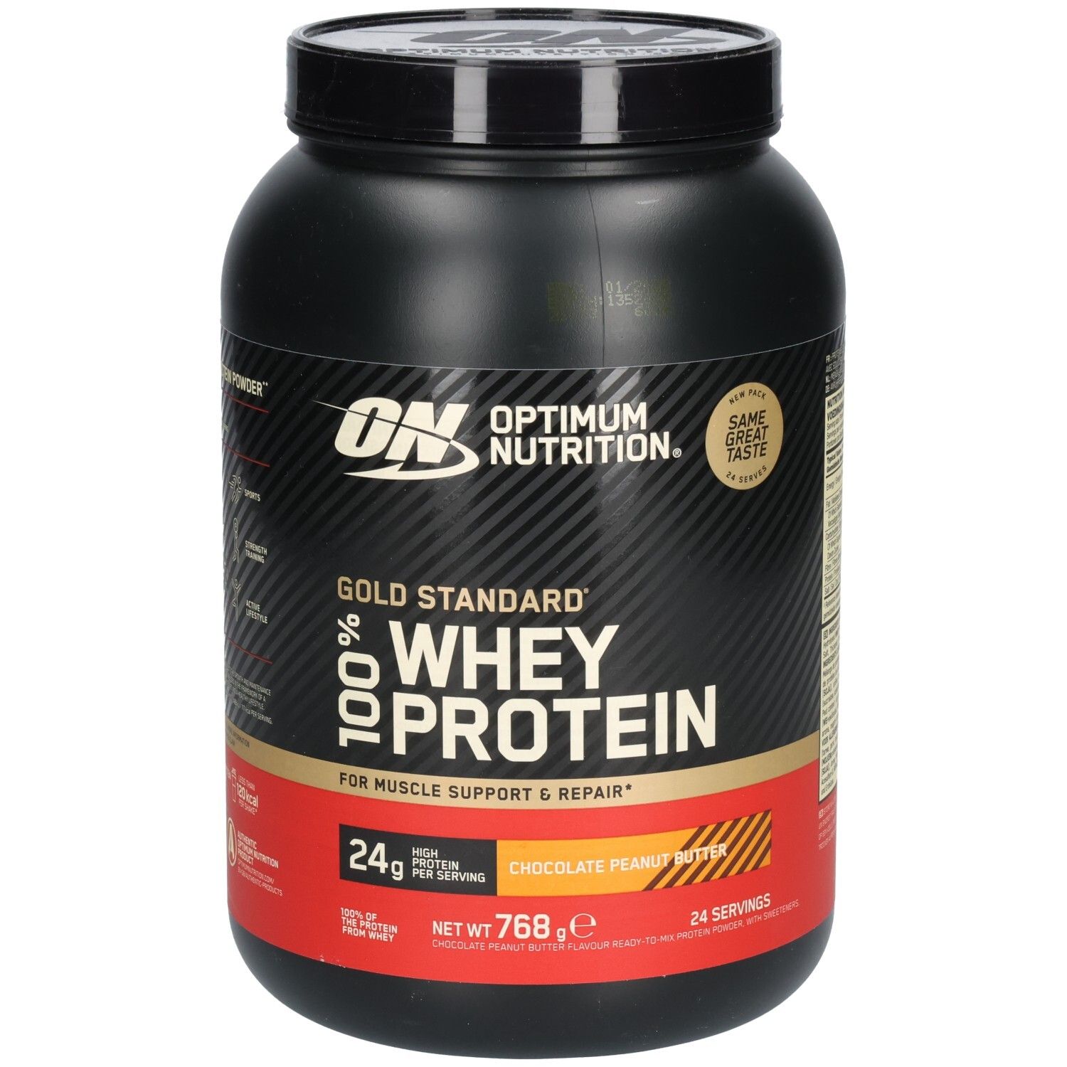 Schwarze Dose OPTIMUM NUTRITION® Gold Standard 100% Whey Protein. Aufschrift: CHOCOLATE PEANUT BUTTER. 768g, 24 Portionen.