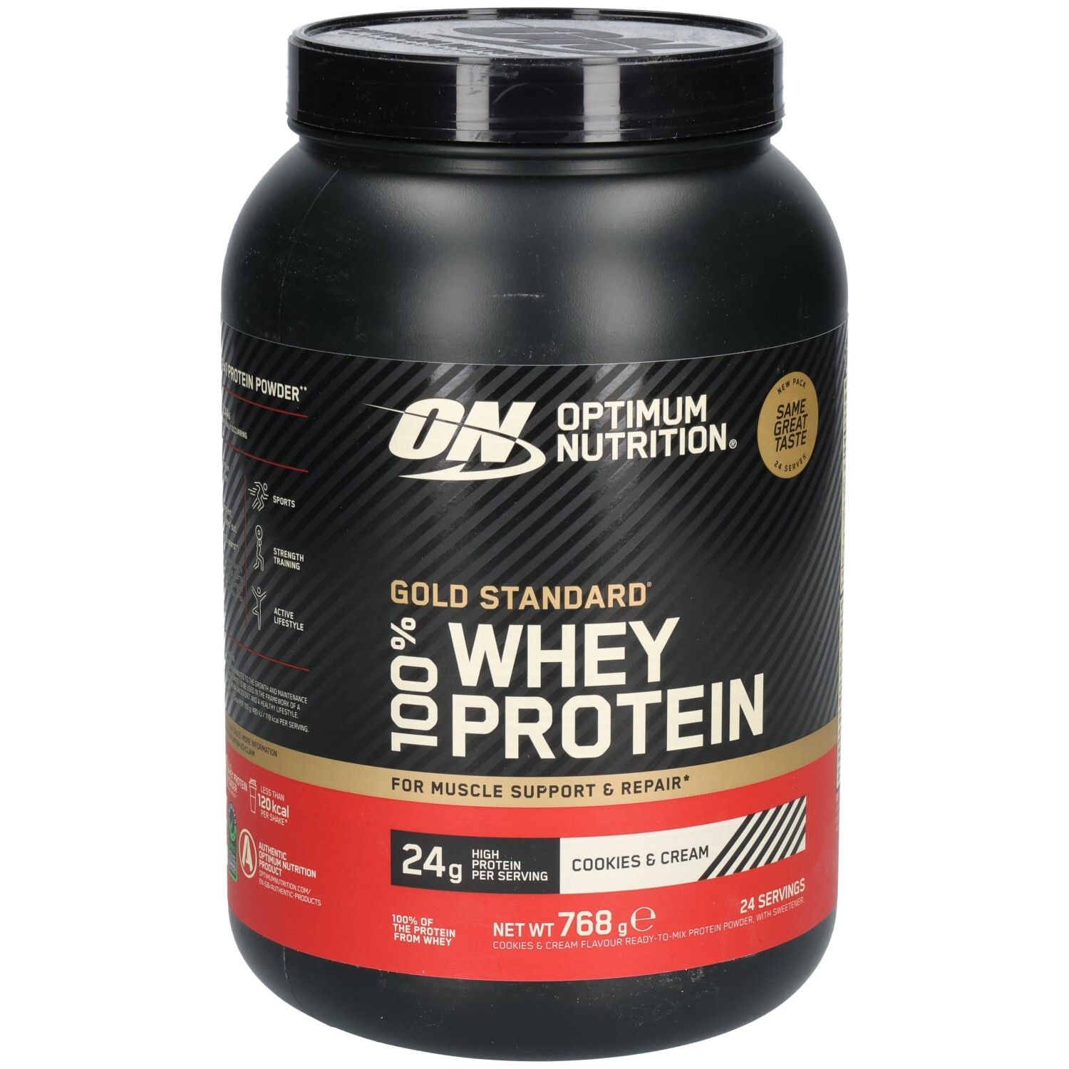 Schwarze Dose Optimum Nutrition Whey Protein. Aufschrift: Gold Standard 100% Whey Protein, Cookies & Cream. 768g.