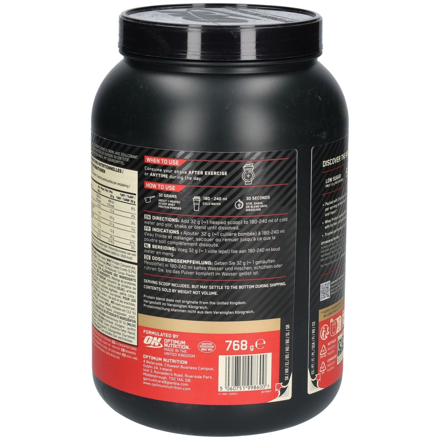 Rückseite der schwarzen Dose Optimum Nutrition Whey Protein. Text: When to use, How to use.  Anweisungen zur Zubereitung.
