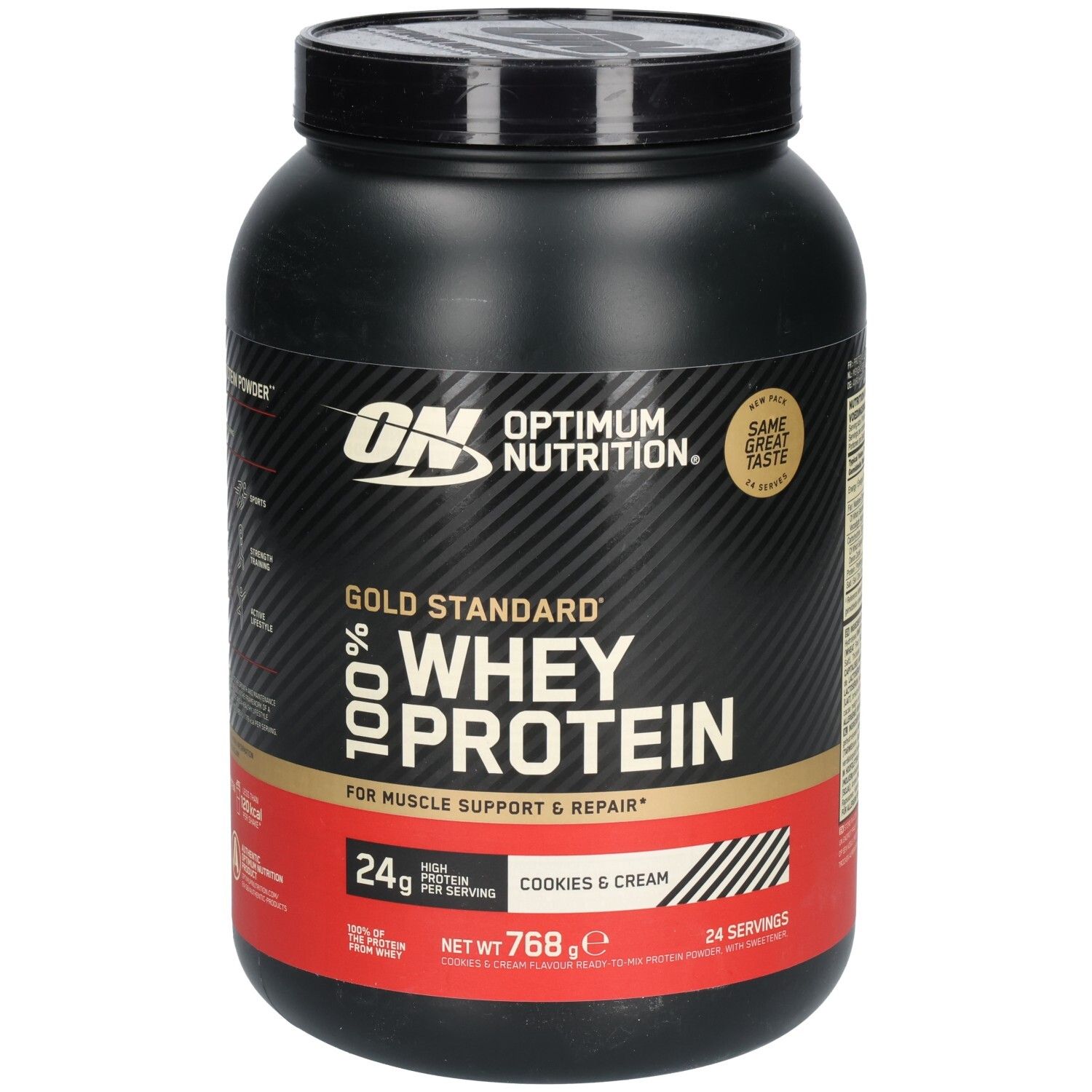 Schwarze Dose Optimum Nutrition Whey Protein. Aufschrift: Gold Standard 100% Whey Protein, Cookies & Cream. 768g. 24 Portionen.