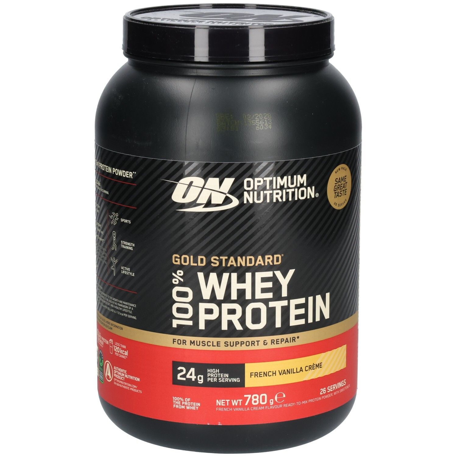 Schwarze Dose mit ON-Logo und Gold Standard 100% Whey Protein. Aufschrift: French Vanilla Crème, 780g, 24g Protein pro Portion.