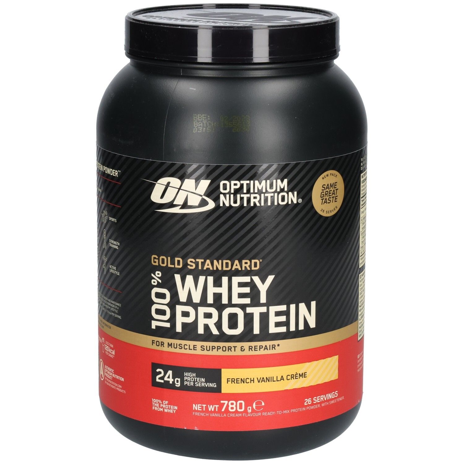 Schwarze Dose mit ON-Logo und Gold Standard 100% Whey Protein. Aufschrift: French Vanilla Crème, 780g, 24g Protein pro Portion.