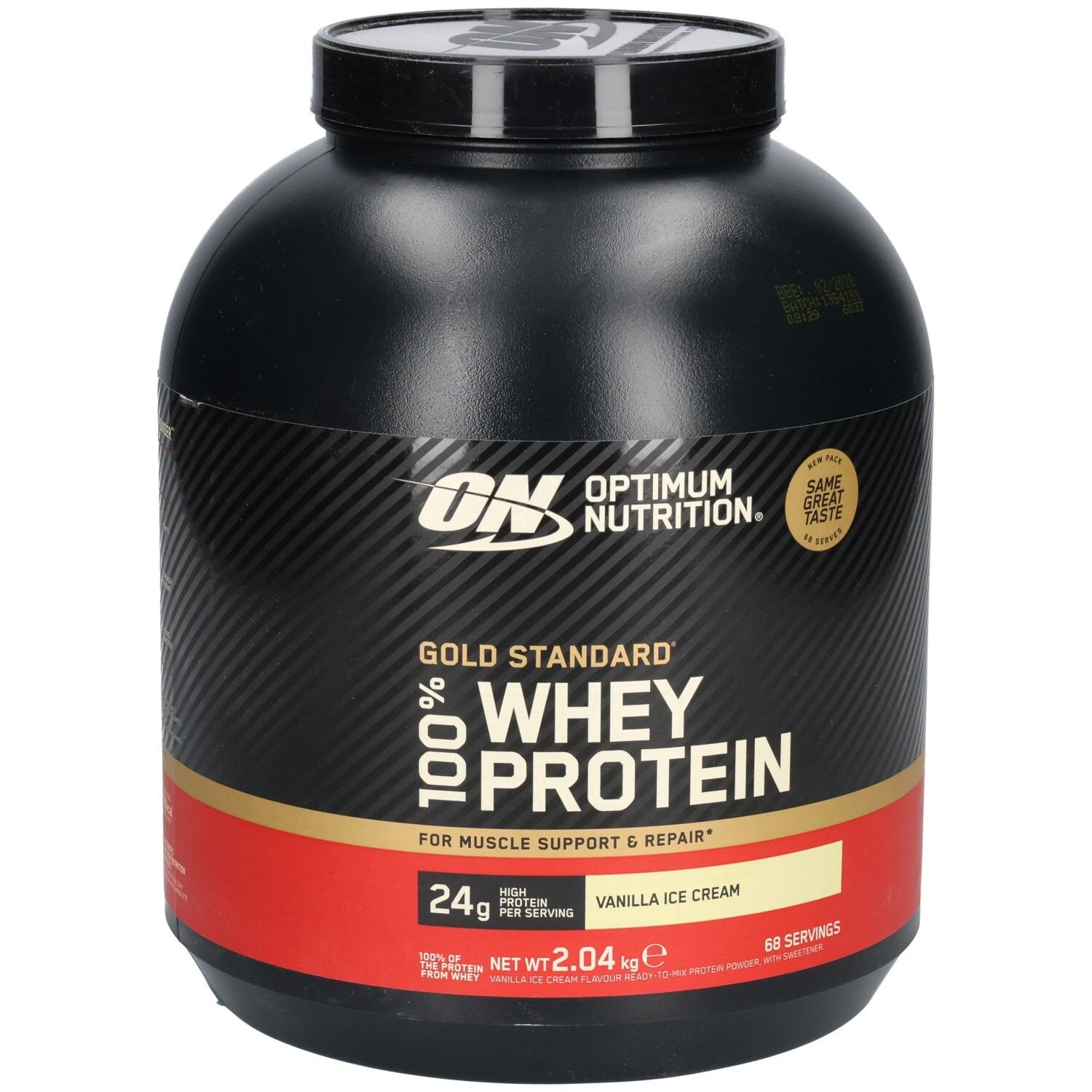 Schwarze Dose mit Gold Standard 100% Whey Protein. Roter Streifen mit Vanilla Ice Cream. ON Logo.