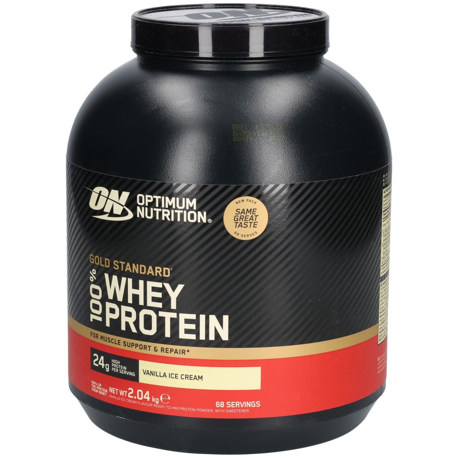 Schwarze Dose mit Gold Standard 100% Whey Protein. Roter Streifen mit Vanilla Ice Cream. ON Logo.
