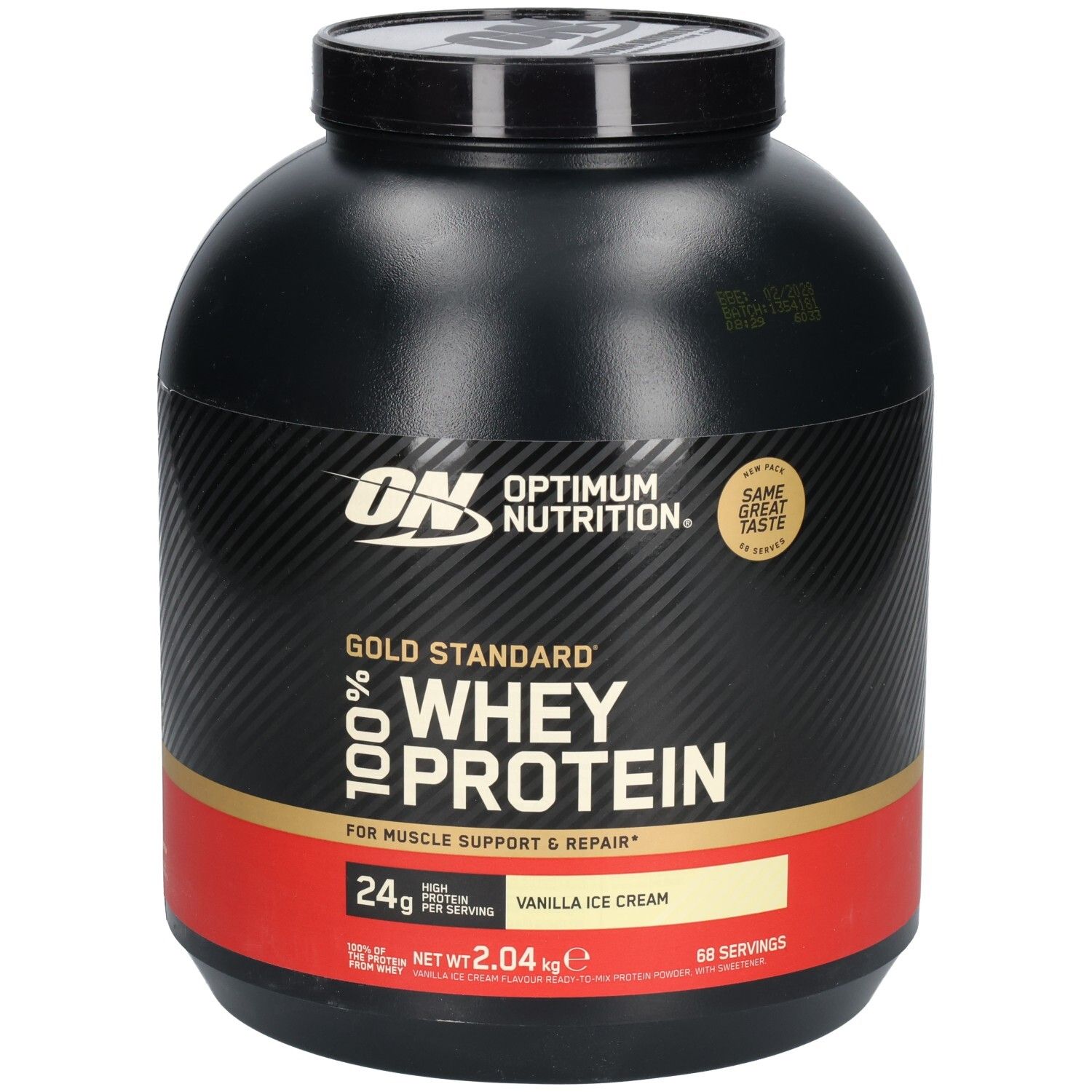 Schwarze Dose mit Gold Standard 100% Whey Protein. Roter Streifen mit Vanilla Ice Cream. ON Logo.