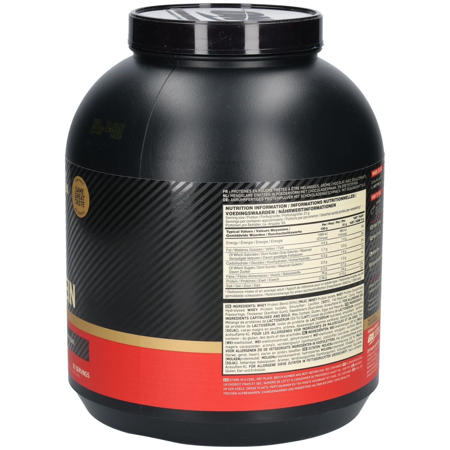Rückseite des schwarzen Behälters. Enthält Informationen über das Produkt und Nährwertangaben.