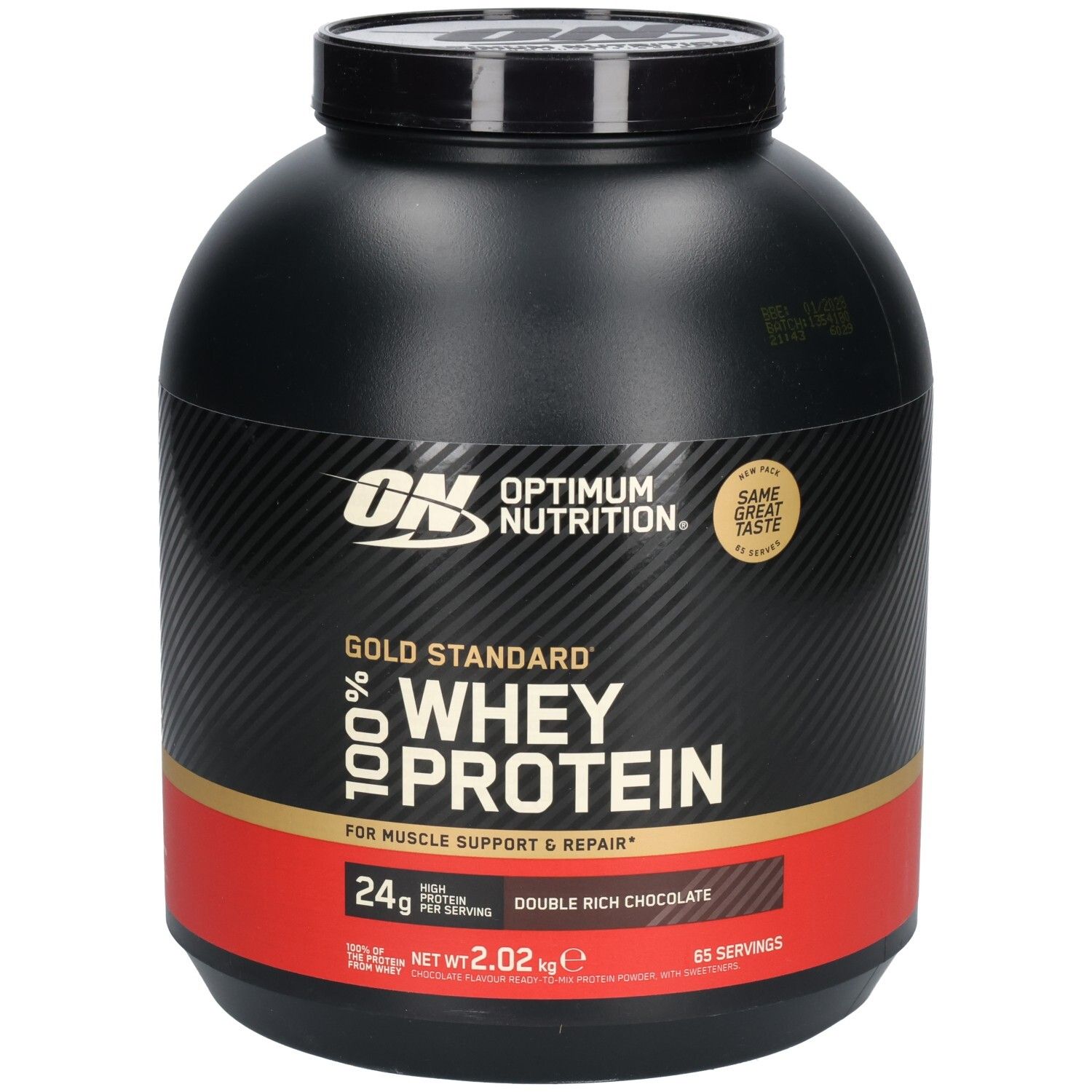 Schwarzer Behälter mit goldener und roter Beschriftung. Enthält Whey Protein. Marke: Optimum Nutrition.