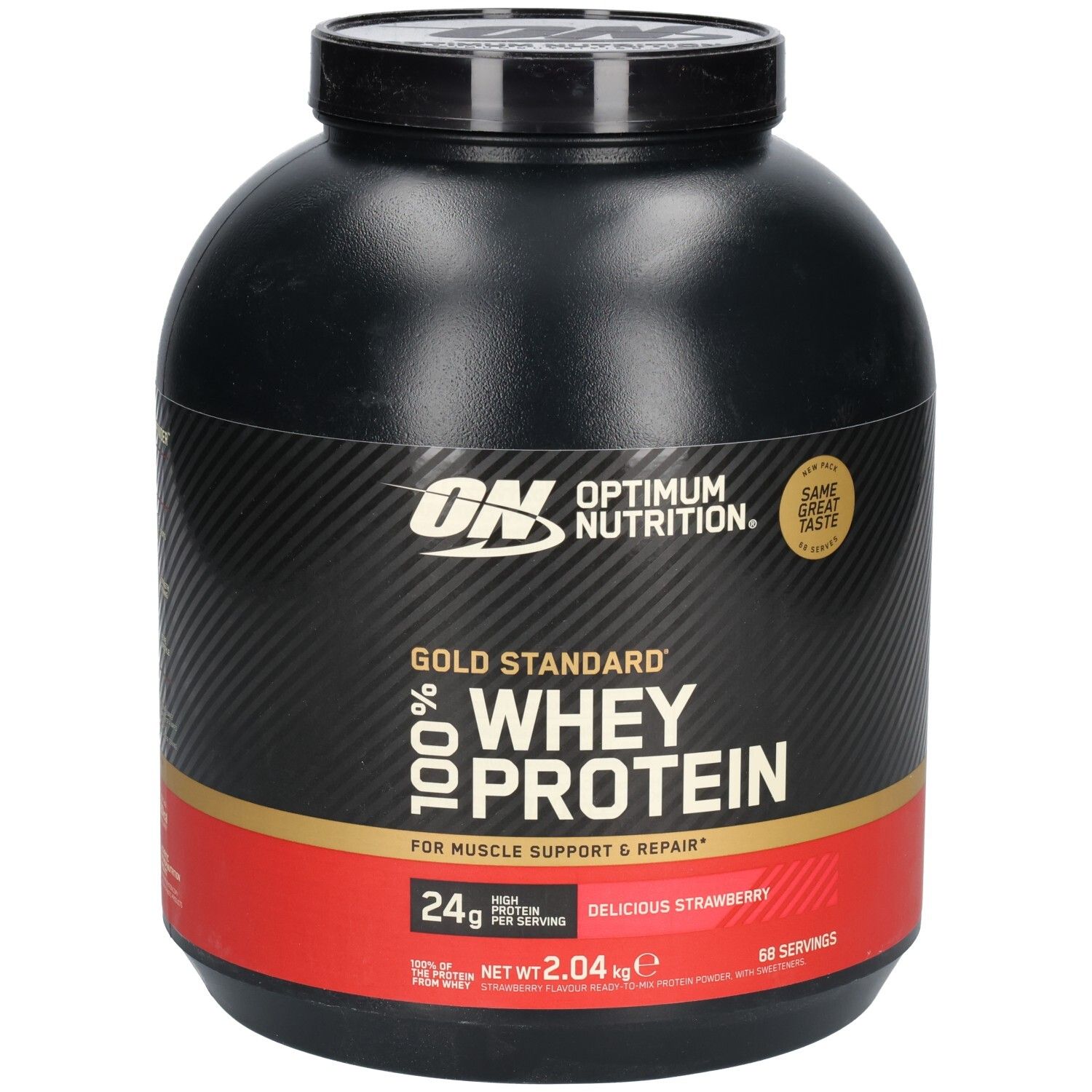 Schwarzer Behälter mit rotem Band. Aufschrift: Optimum Nutrition, Gold Standard 100% Whey Protein. Geschmack: Delicious Strawberry.
