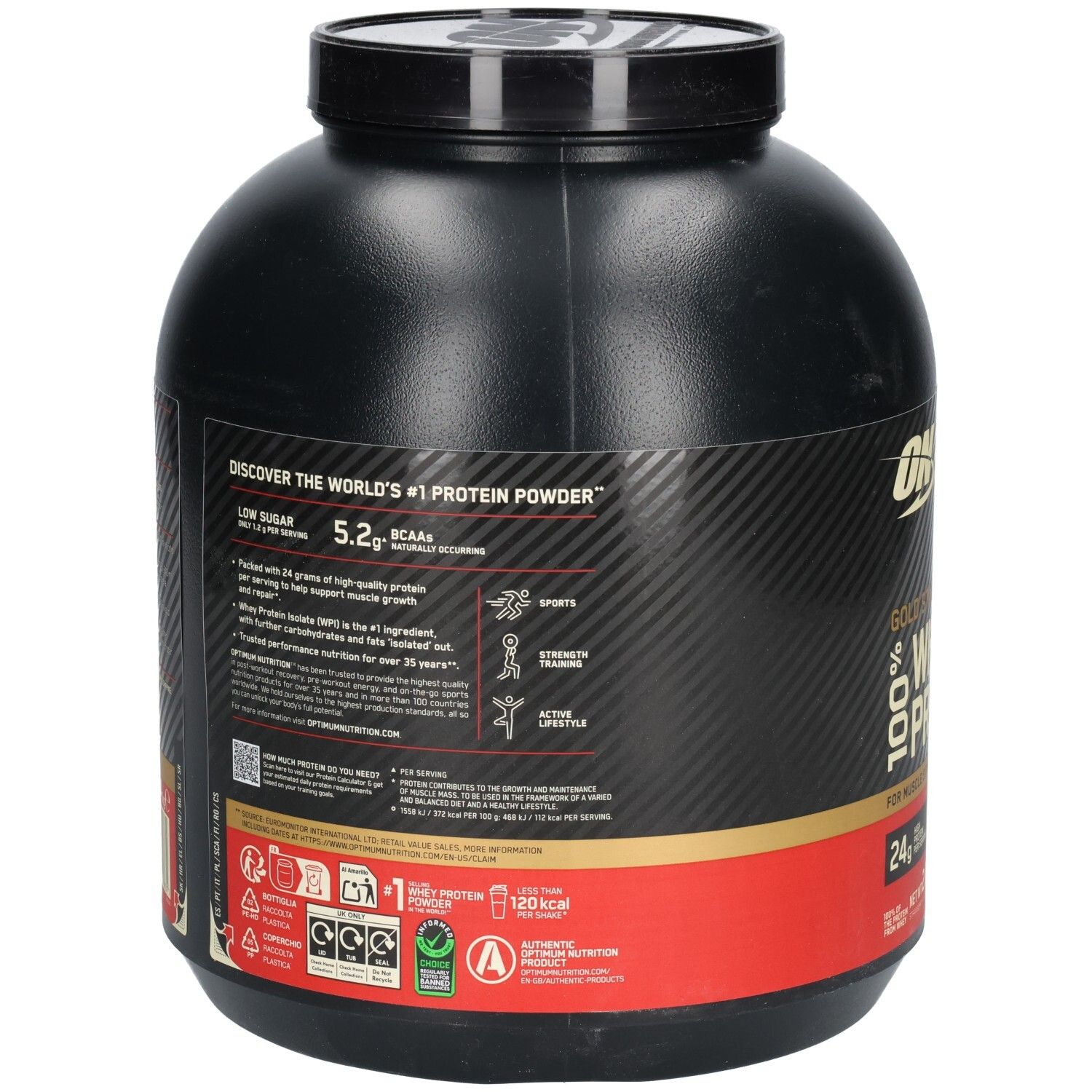 Rückseite des schwarzen Behälters. Text: #1 Protein Powder. Informationen zu Inhaltsstoffen, Nährwerten und Anwendung. Logos und Zertifizierungen.