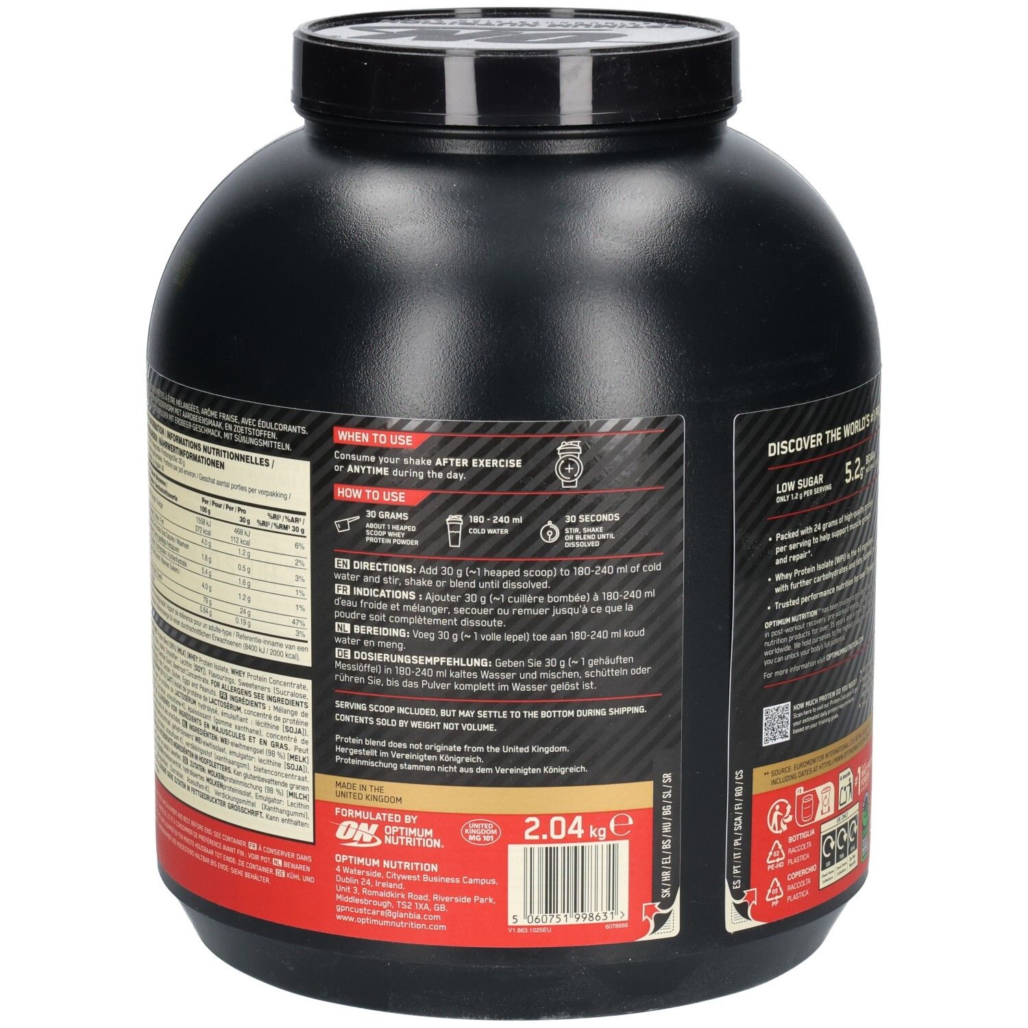 Rückseite des schwarzen Behälters. Anweisungen zur Anwendung. Nährwertangaben. Informationen zu Inhaltsstoffen. Logos und Zertifizierungen.