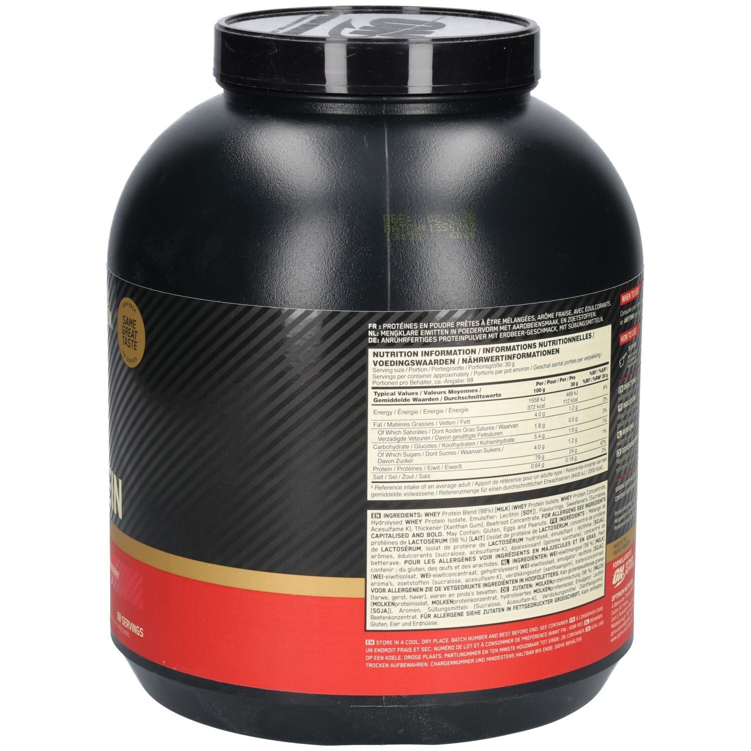Rückseite des schwarzen Behälters. Nährwertangaben und Inhaltsstoffe. Text in mehreren Sprachen. Logos und Zertifizierungen.