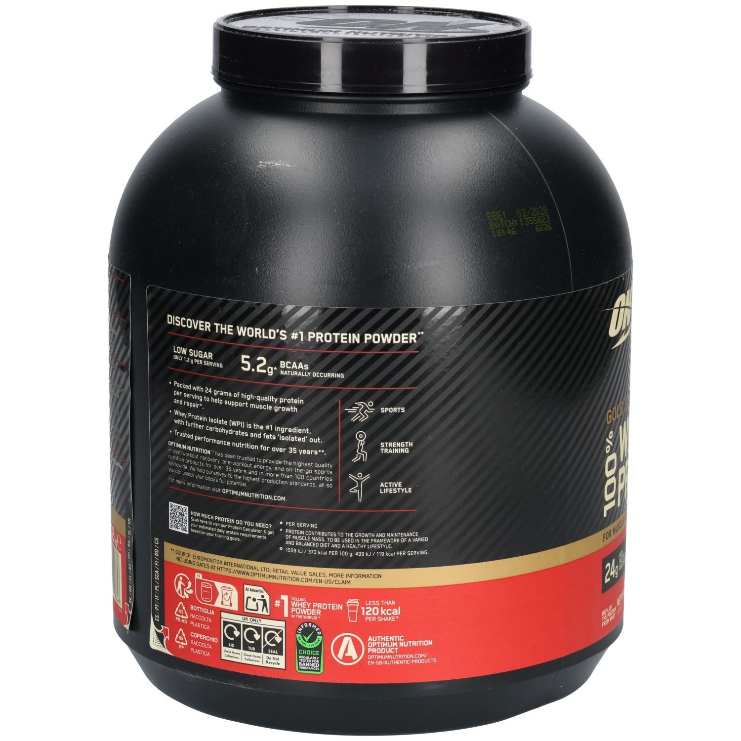Rückseite der schwarzen Dose Gold Standard 100% Whey Protein. Text mit Nährwertangaben und Produktinformationen.