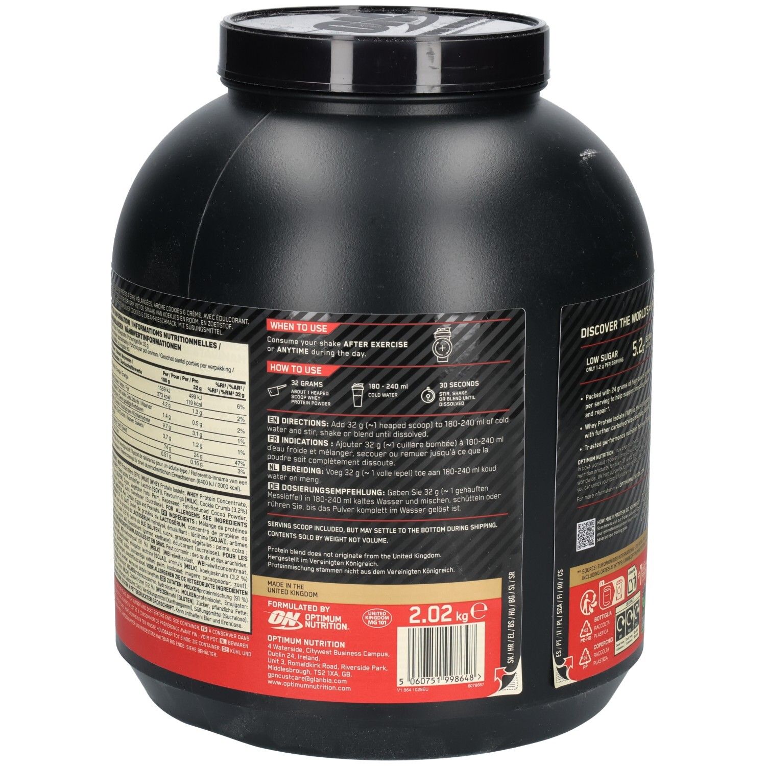 Rückseite der schwarzen Dose Gold Standard 100% Whey Protein. Text mit Anweisungen zur Verwendung und Nährwertangaben.