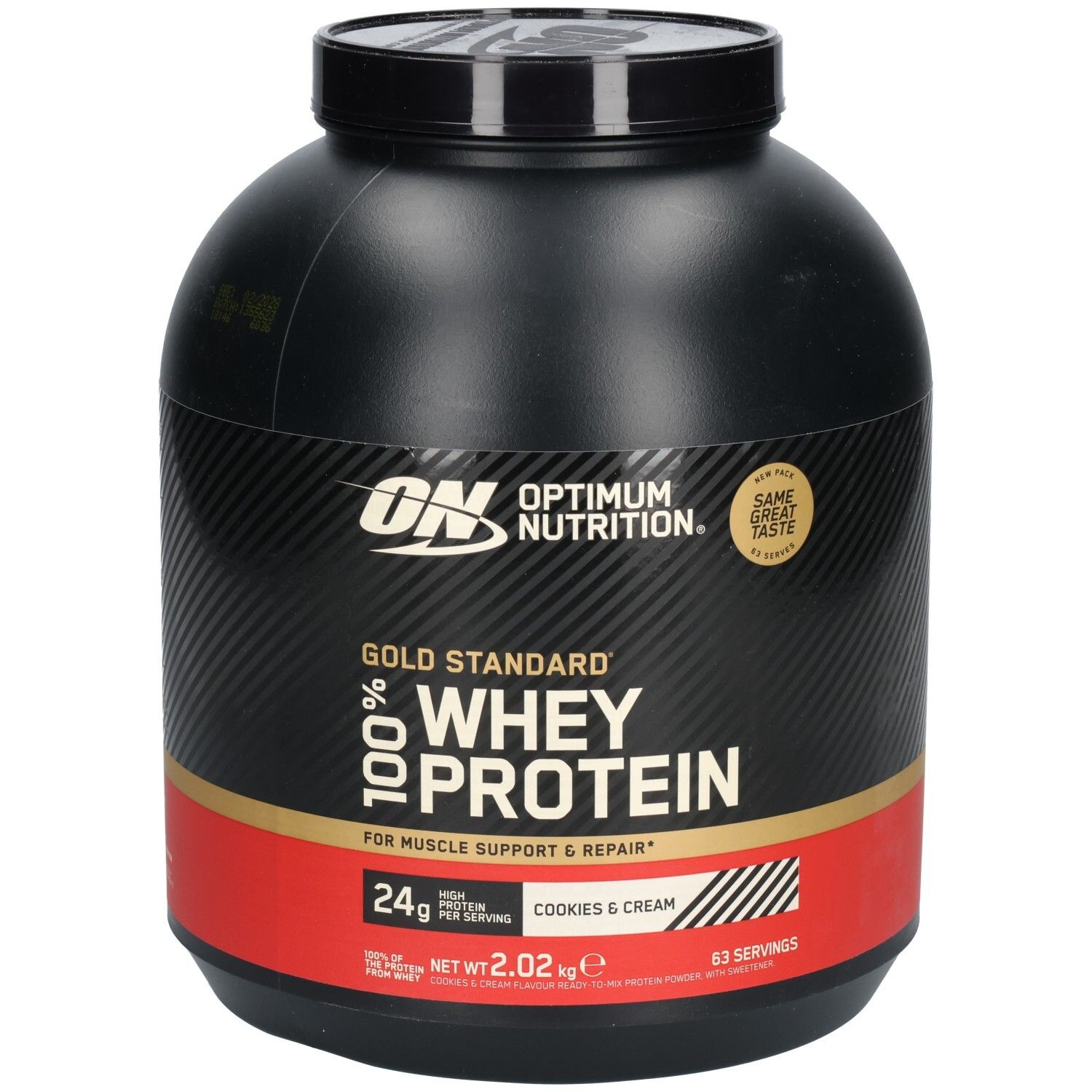 Schwarze Dose Gold Standard 100% Whey Protein. Roter Streifen mit Text. Marke: Optimum Nutrition. Geschmack: Cookies & Cream.
