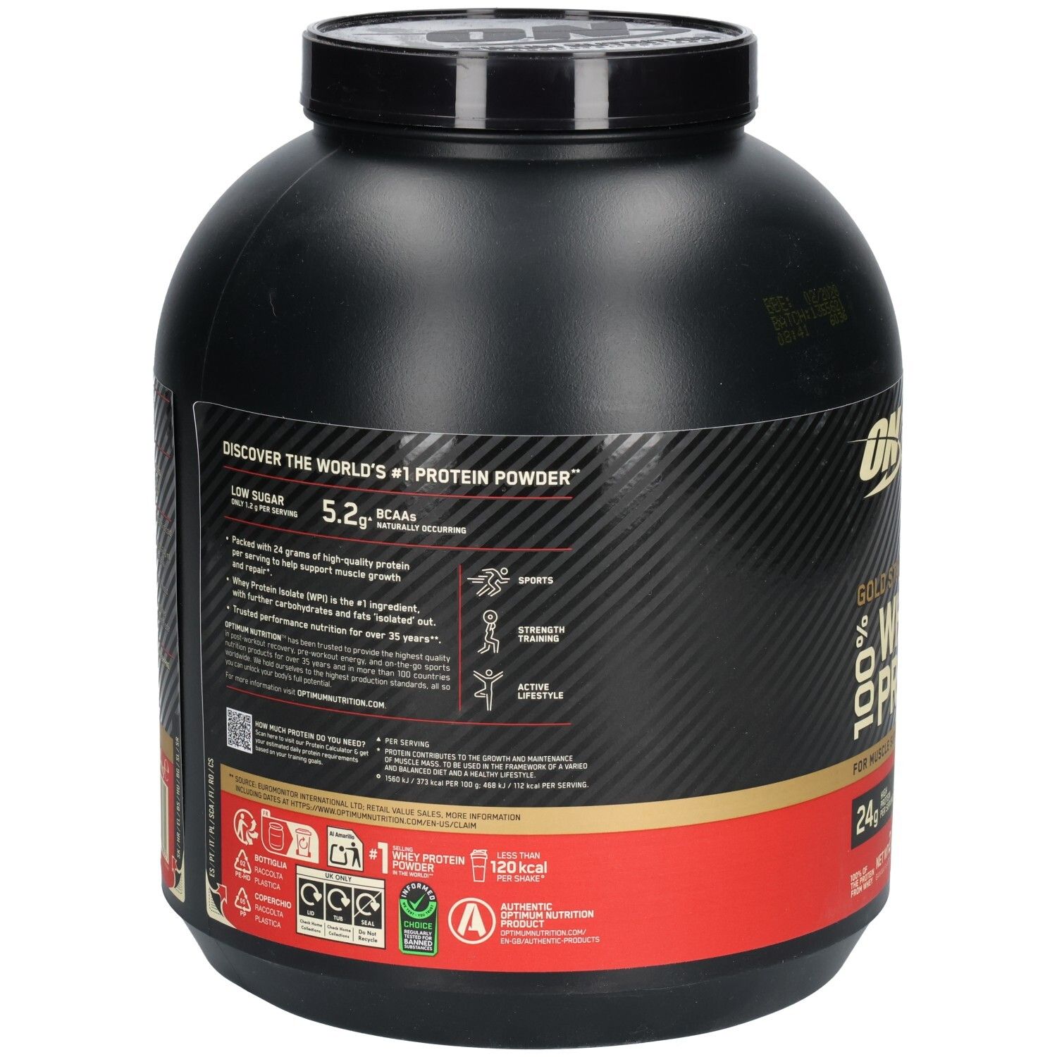 Schwarzer Behälter mit Text. Aufschrift: Optimum Nutrition, Gold Standard 100% Whey Protein. Enthält Informationen zu Inhaltsstoffen und Nährwerten.