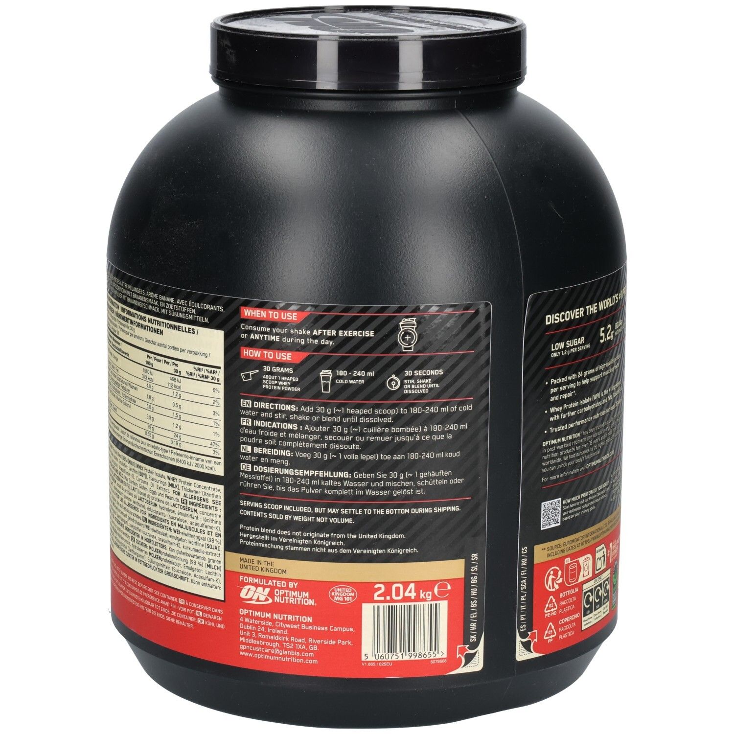 Schwarzer Behälter mit Text. Aufschrift: Optimum Nutrition, Gold Standard 100% Whey Protein. Enthält Informationen zur Anwendung und Nährwertangaben.