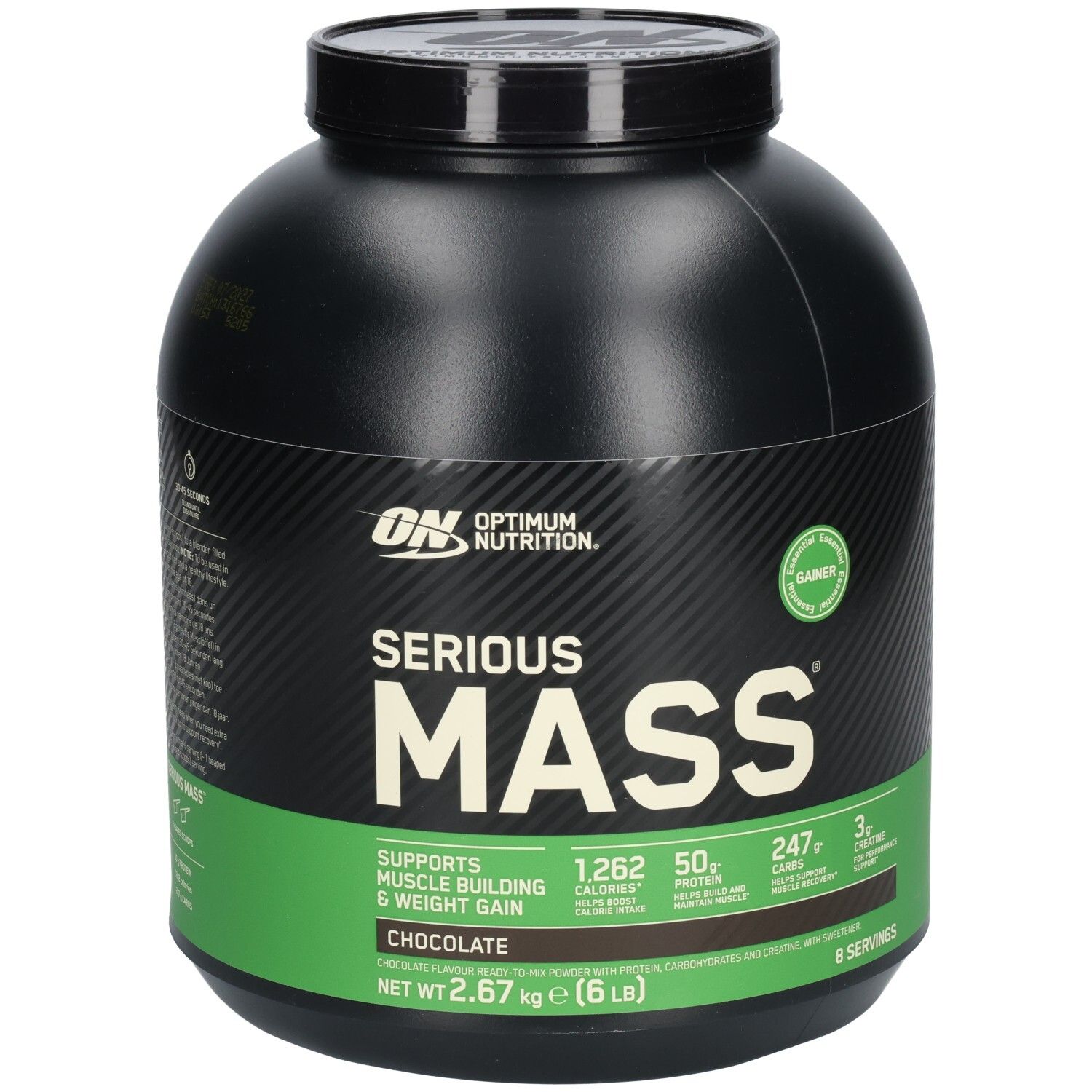 Schwarzer Behälter mit Produktbezeichnung "Serious Mass". Grün-weiße Akzente. Enthält Informationen zu Kalorien und Inhaltsstoffen.